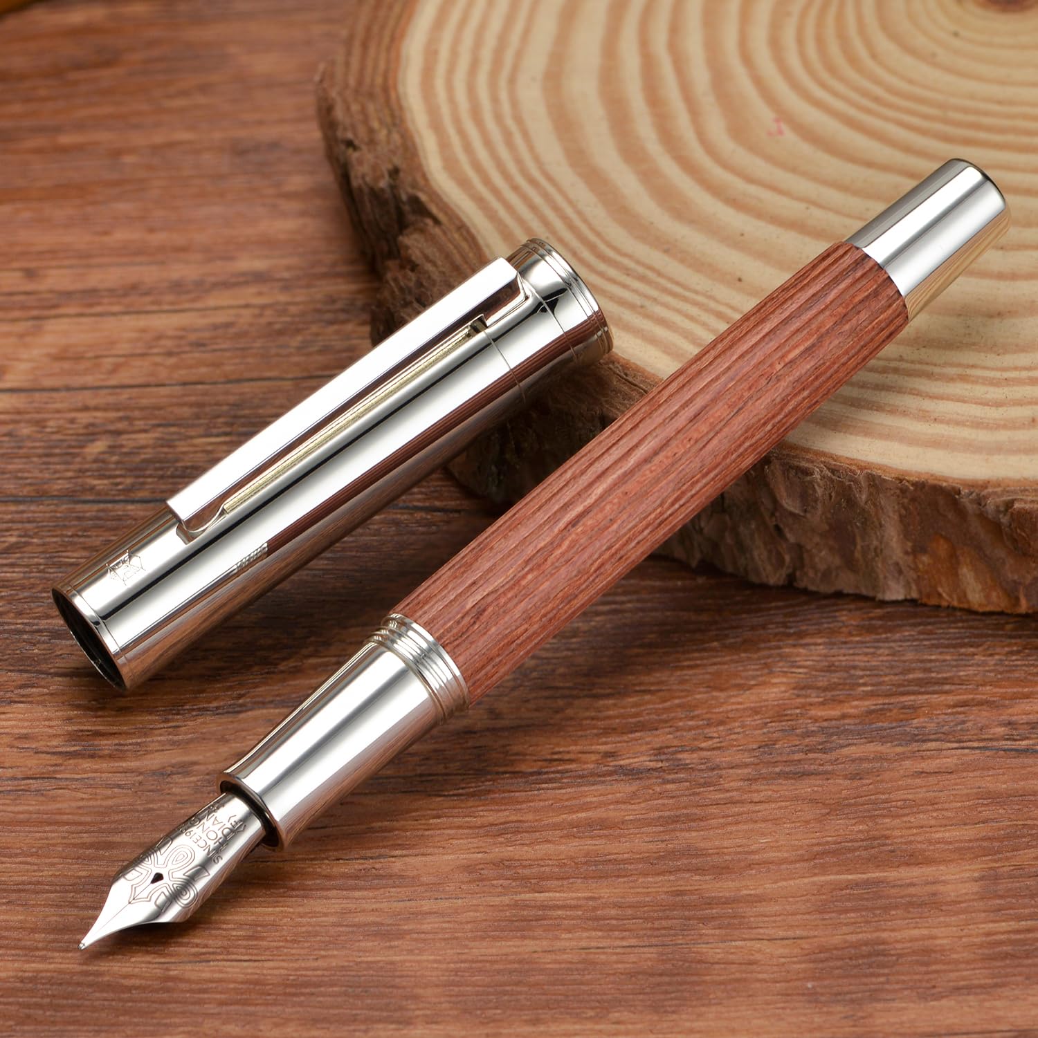 HONG DIAN 1866 Fountain Pen, Iridium Medium Soft Nib Chinese Knot Carving, Retro Design Bubinga Wood Pen Barrel with Metal Box Set - Image 4