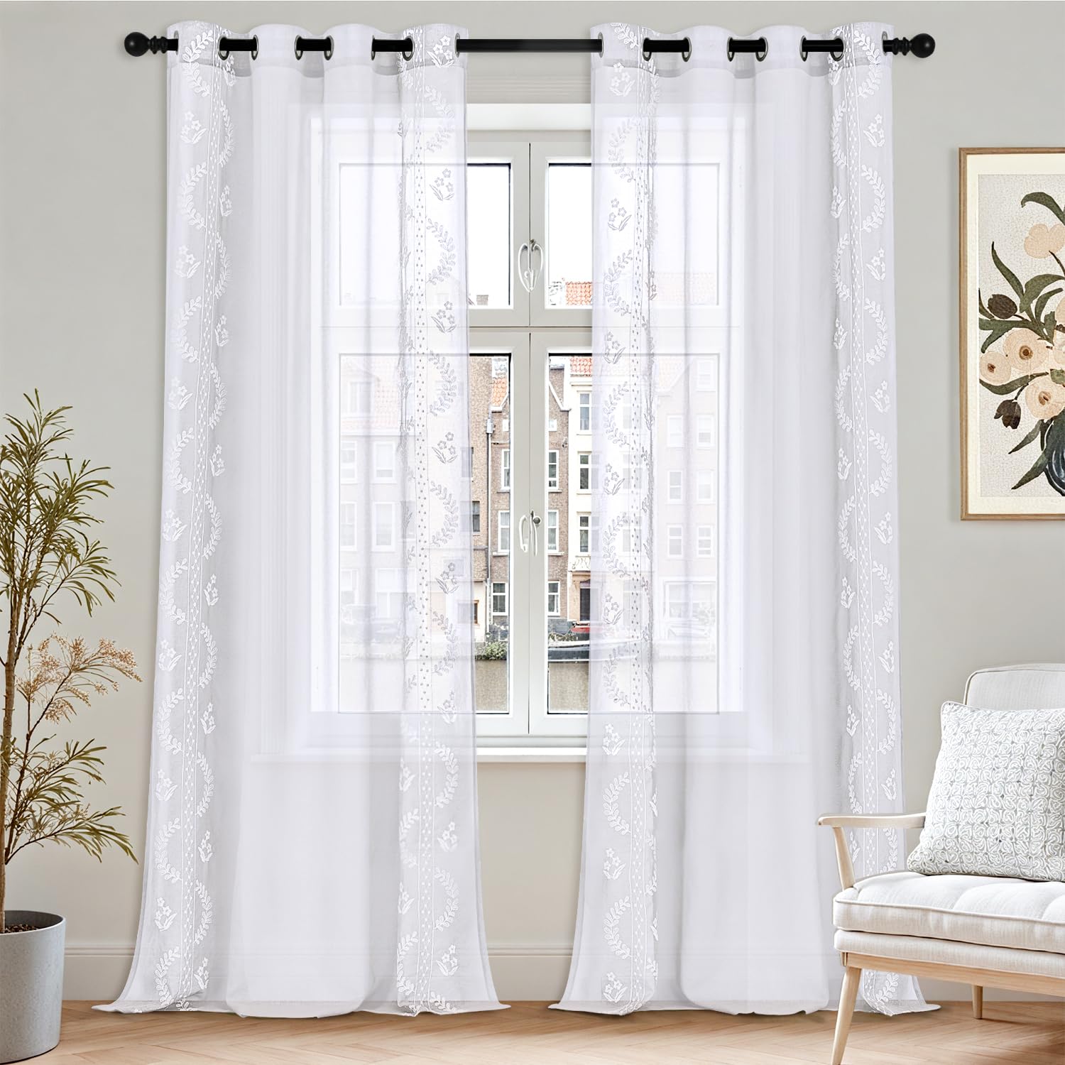 TOPICK Embroidery Floral White Net Curtains for Windows 90 Inch Long - Image 2