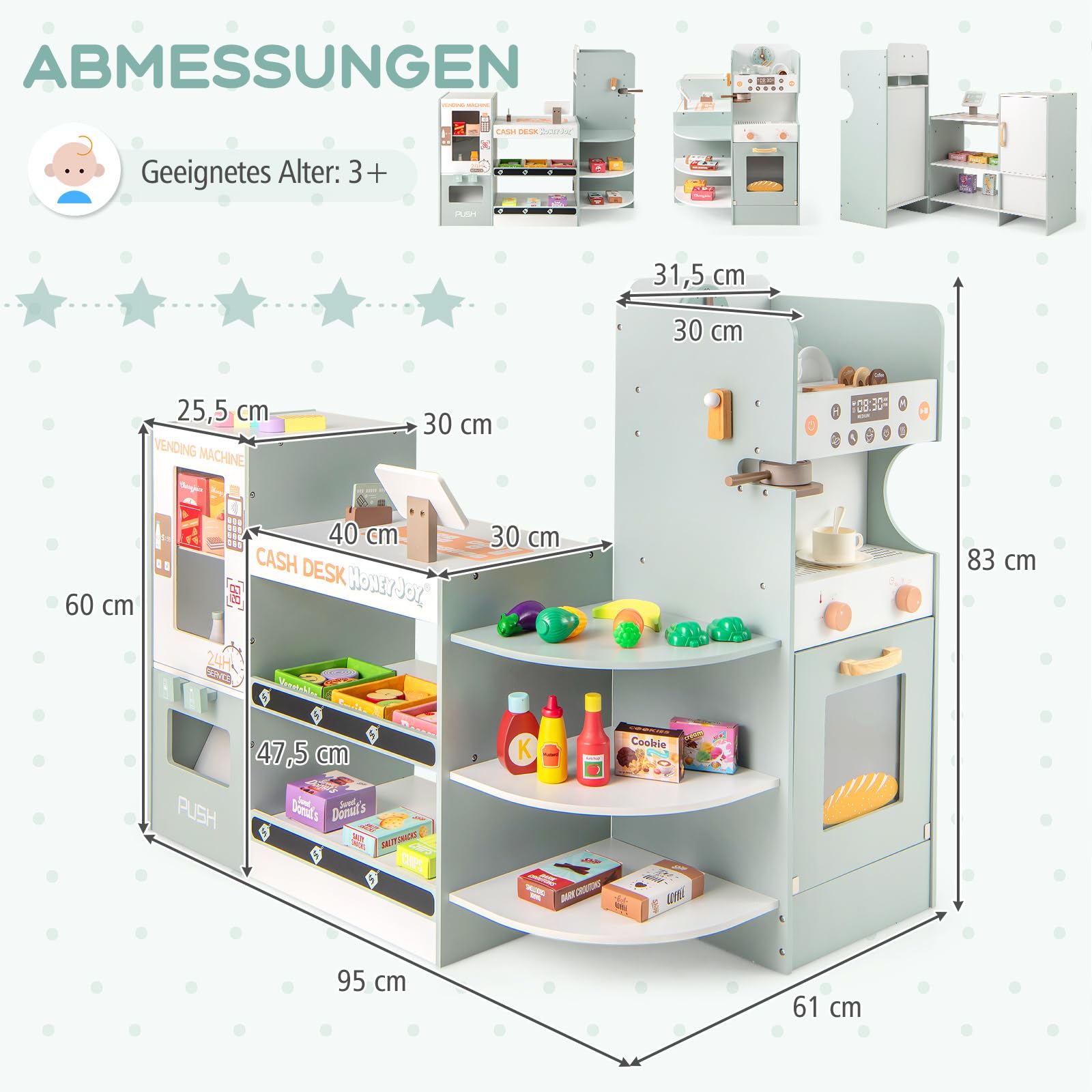 GOPLUS Kinder Kaufladen, Kaufmannsladen Holz mit Kasse, Kaffeemaschine, Ofen, Verkaufsautomat, Regalen inkl. Zubehör, Supermarkt Spielzeug Set, Einkaufsladen Kinder für Jungen & Mädchen ab 3 Jahren