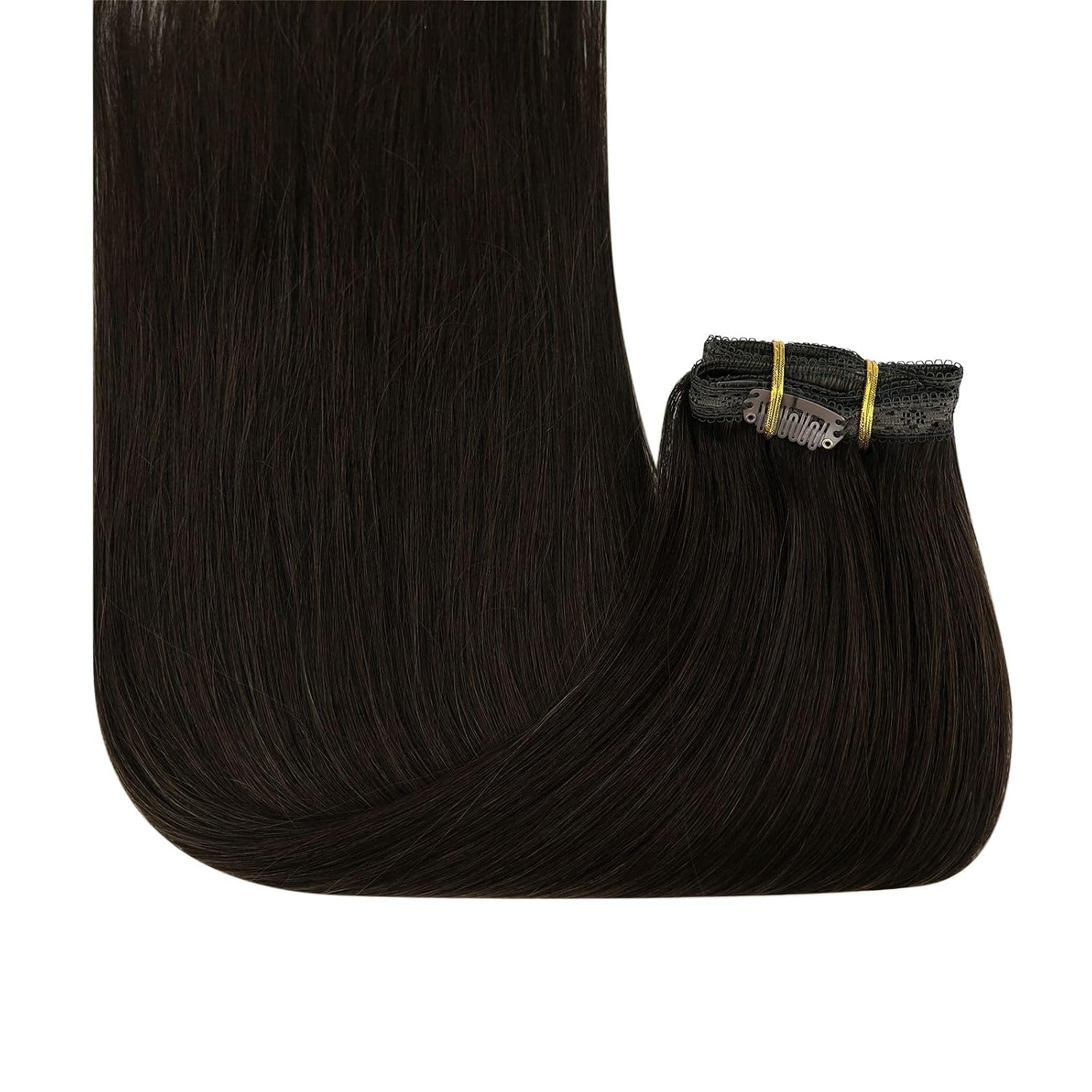 Fshine Brown Clip in Hair Extensions 18 Inch 135g Darker Brown Human Hair Straight Real Hair Extensions for Women 7Pcs