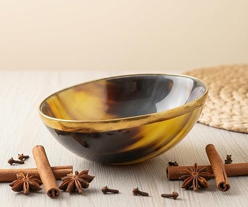 Miniatura 5 de Tazón decorativo para afeitar, servir y cuenco decorativo con borde de latón, hecho a mano con cuerno de yak natural, cuenco para servir, cuenco