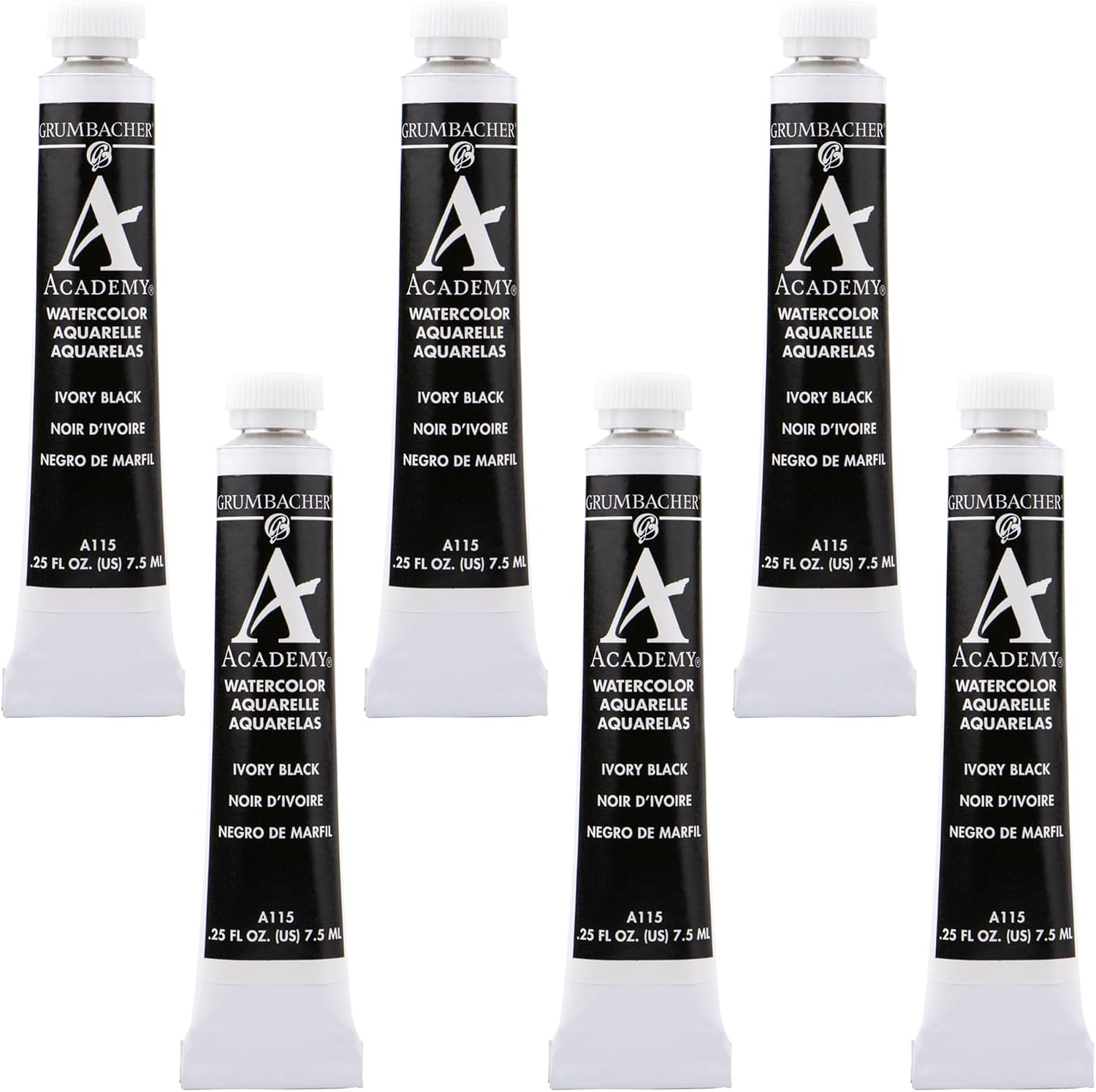 Grumbacher Academy Watercolor Paint, Ivory Black, 7.5ml/0.25 oz. Tube, 6-Pack