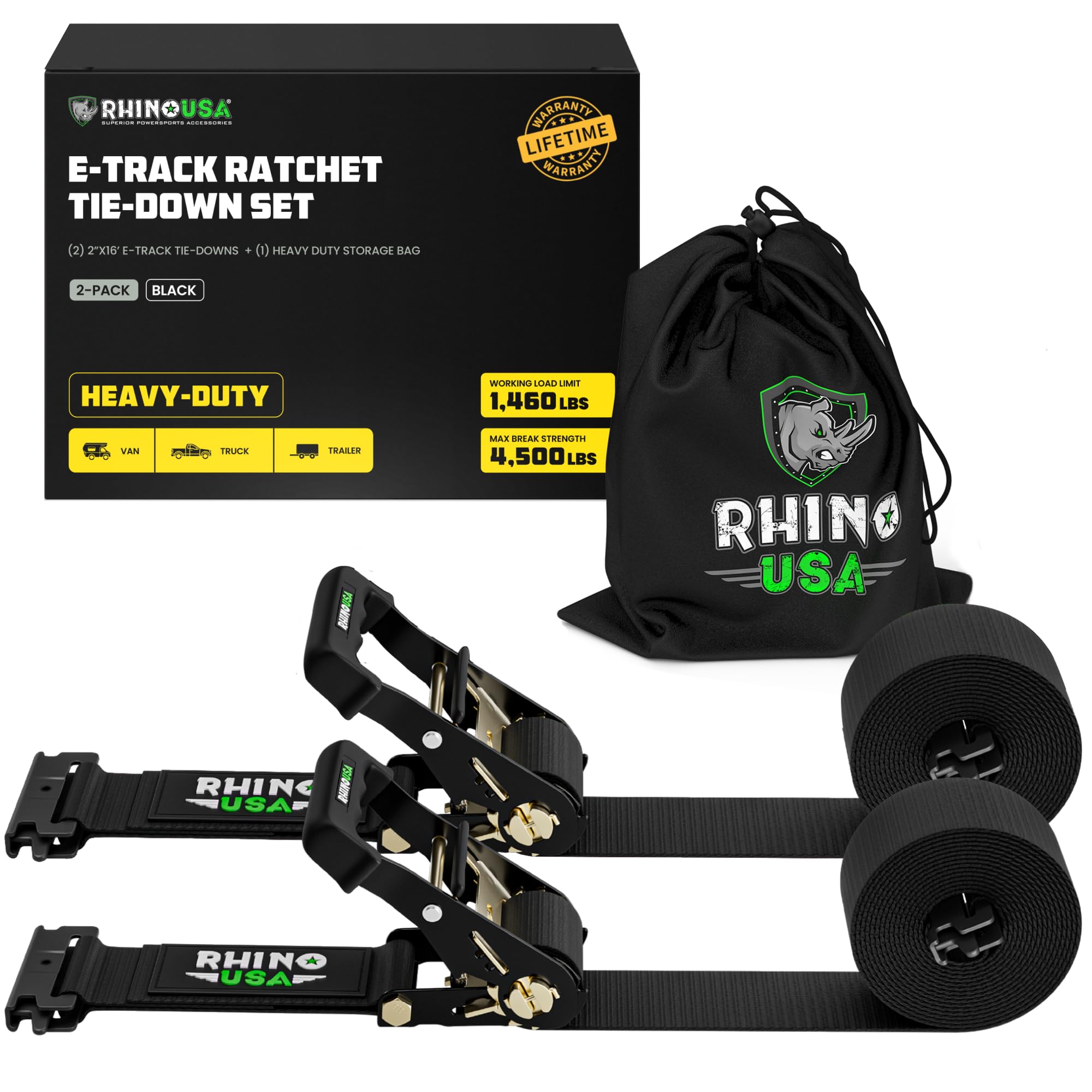 Rhino USA E Track Ratchet Tie Down Straps (4,500lb Break Strength) - Includes (2) Premium 2" x 16' eTrack Tie Downs - Ultimate Heavy Duty eTrack Cargo Strap System for Trailer, Truck, Motorcycle
