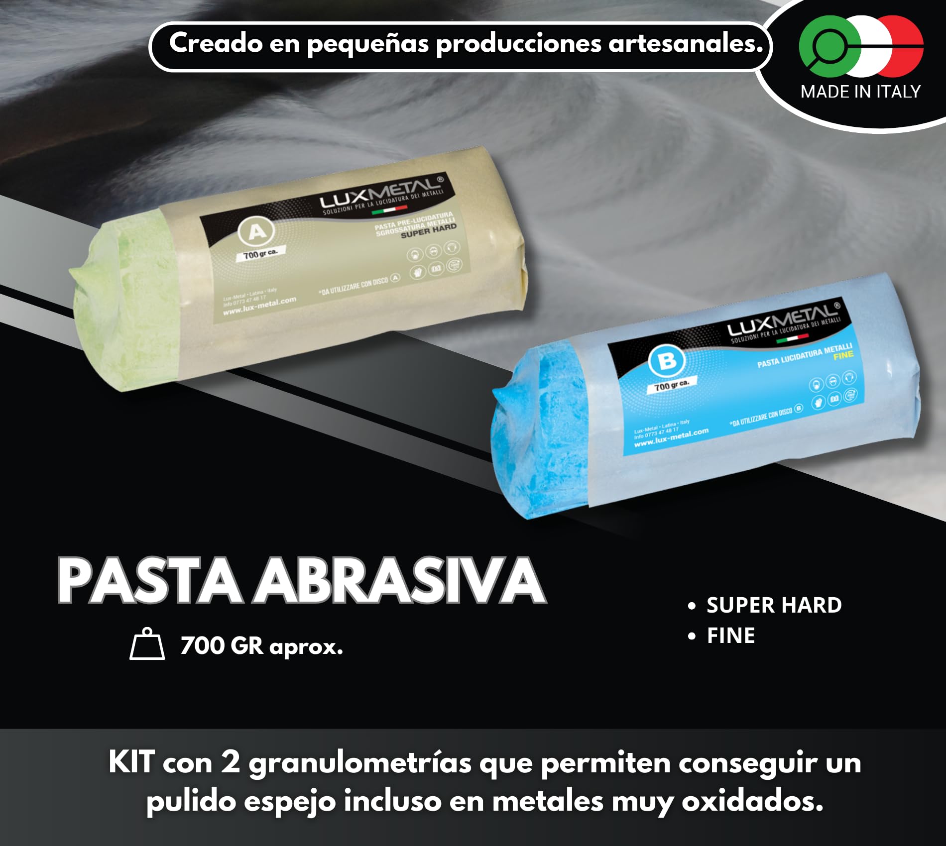 Lux Metal - Kit con 2 discos pulidos de 300 mm y 2 pasta abrasiva de 700 gr - Ideal para pulir sobre aluminio, hierro, acero inoxidable disco pulido pasta abrasiva sólida pulir metales kit de pulido