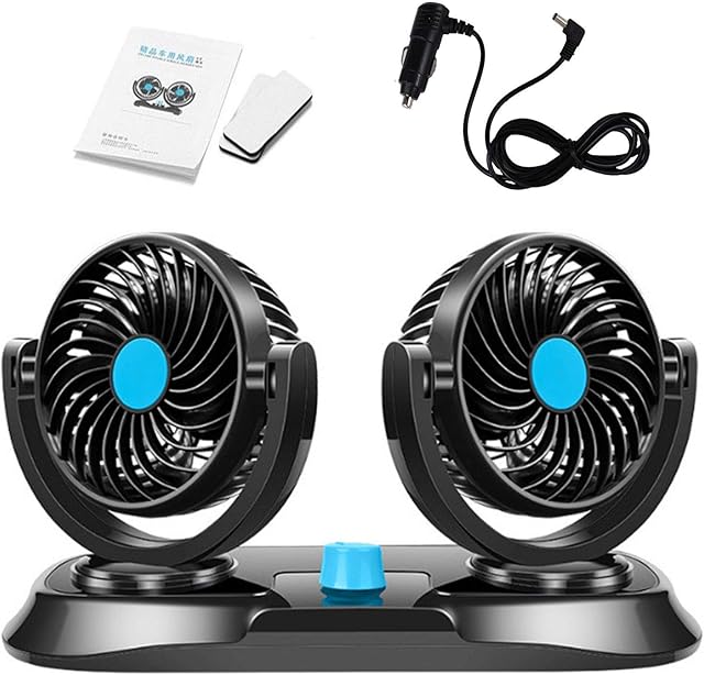 12V Car Dual Head Car Air Fan 360° Rotating Adjustable Dual Head Car Auto Cooling Air Fan- Powerful Quiet 2 Speed Rotatable Dashboard Auto Electric Car Fans Summer Cooling Air Circulator Low Noise