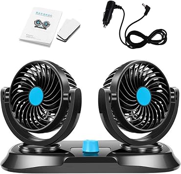 EVERGD 12V Dual Head Car Air Fan 360  Rotating Adjustable 2 Speed Quiet Auto Cooling Air Fan - Black