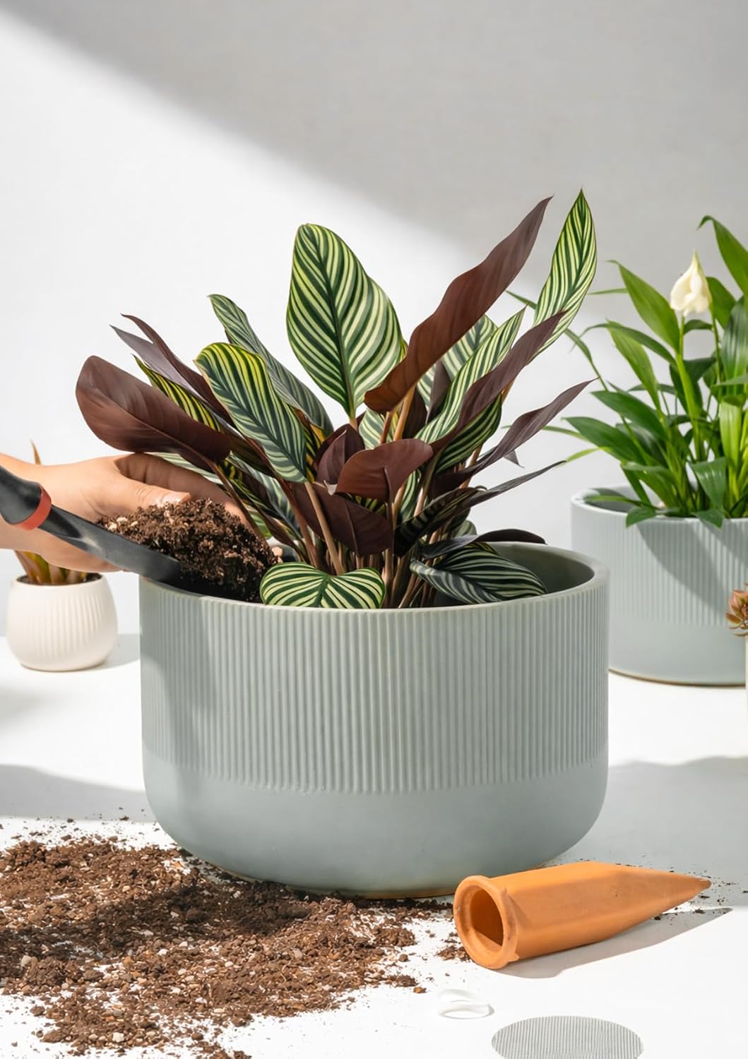 Ceramic Planters - 10+12 Inch Large Pots for Indoor & Outdoor Plants, Modern Flower Pots with Drainage Holes and Self Watering Devices, House Grey-Blue Big Plant Pot, Set of 2