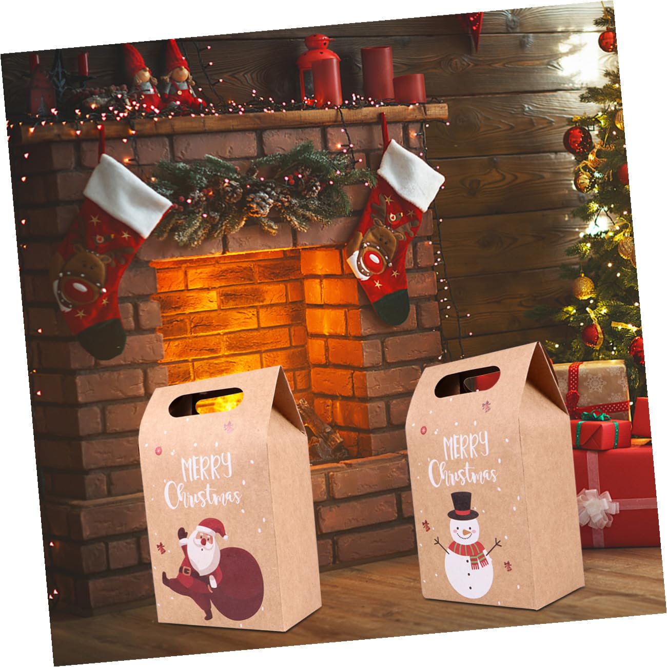 TOPPERFUN Bolsas de Papel Kraft para Navidad 24 Piezas 4 Diseños Muñeco de Nieve Papá Noel Pingüino Alce para Galletas y Dulces Reutilizables y Plegables Adecuado para Embalaje