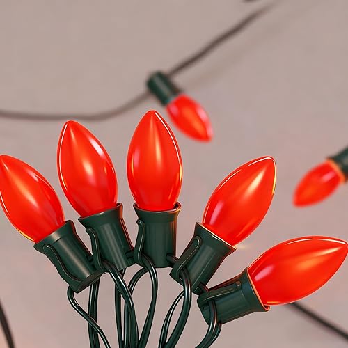 Miniatura 17 de Luces de Navidad C9 rojas, blancas y verdes al aire libre, 25 pies, luces vintage para árbol de Navidad con 26 bombillas C9 transparentes Rojo