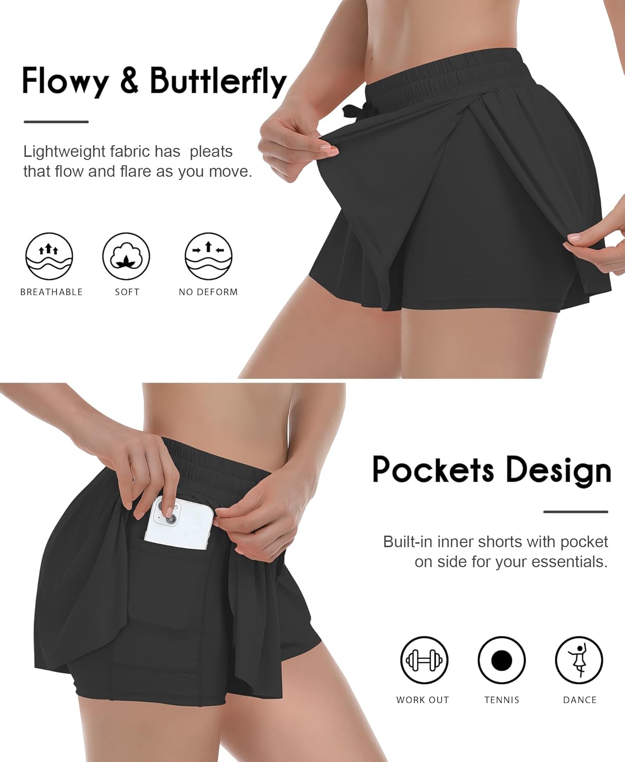 QooNoo 2 in 1 Athletic Shorts for Women Flowy Running Butterfly Shorts with Pockets High Elastic Gym Shorts Tennis Skorts - Image 2