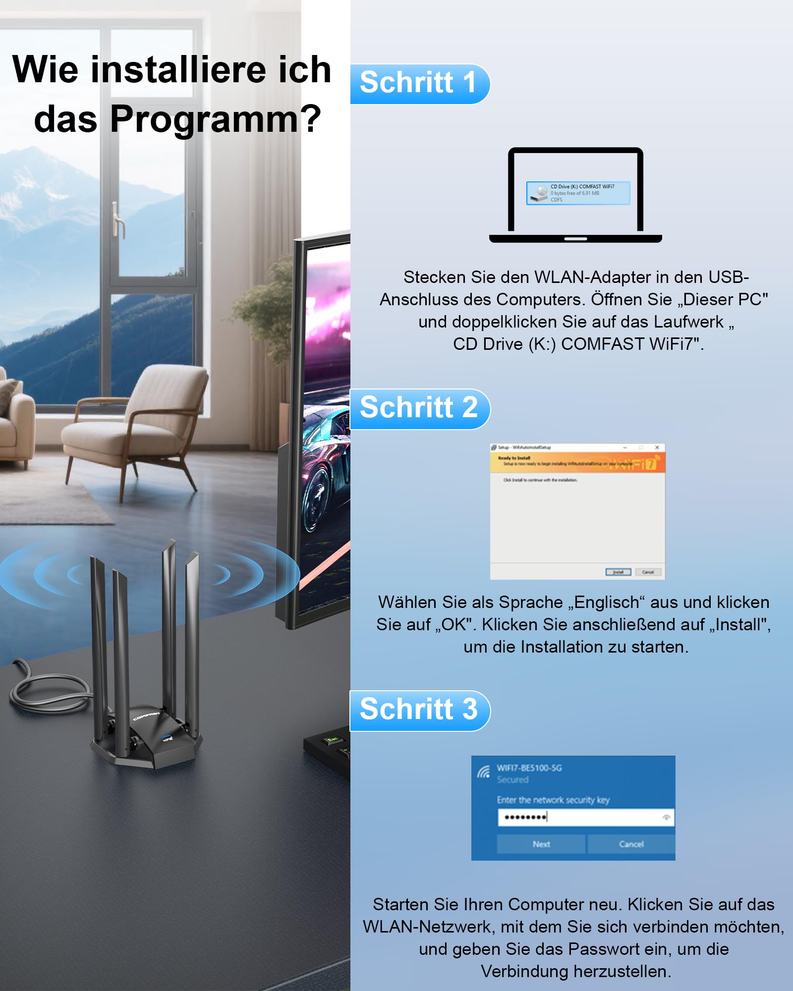 COMFAST WiFi 7 USB WLAN Stick WLAN Adapter 6500Mbit/s Tri-Band, 4X High-Gain Antennen, OFDMA/MU-MIMO, WPA3 Sicherheit, mit Verlängerungskabel für Flexible Positionierung, Plug&Play Windows 10/11