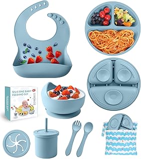 Silicone Baby Feeding Set, 10 Pcs Baby Led Weaning Supplies Baby Eating Essentials Set with Suction Bowl Divided Plate Adjustable Bib Soft Spoon Fork Cup with Lid Drinking Cup, Travel Bag (Blue)
