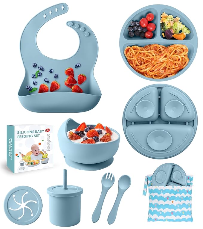 Silicone Baby Feeding Set, 10 Pcs Baby Led Weaning Supplies Baby Eating Essentials Set with Suction Bowl Divided Plate Adjustable Bib Soft Spoon Fork Cup with Lid Drinking Cup, Travel Bag (Blue)