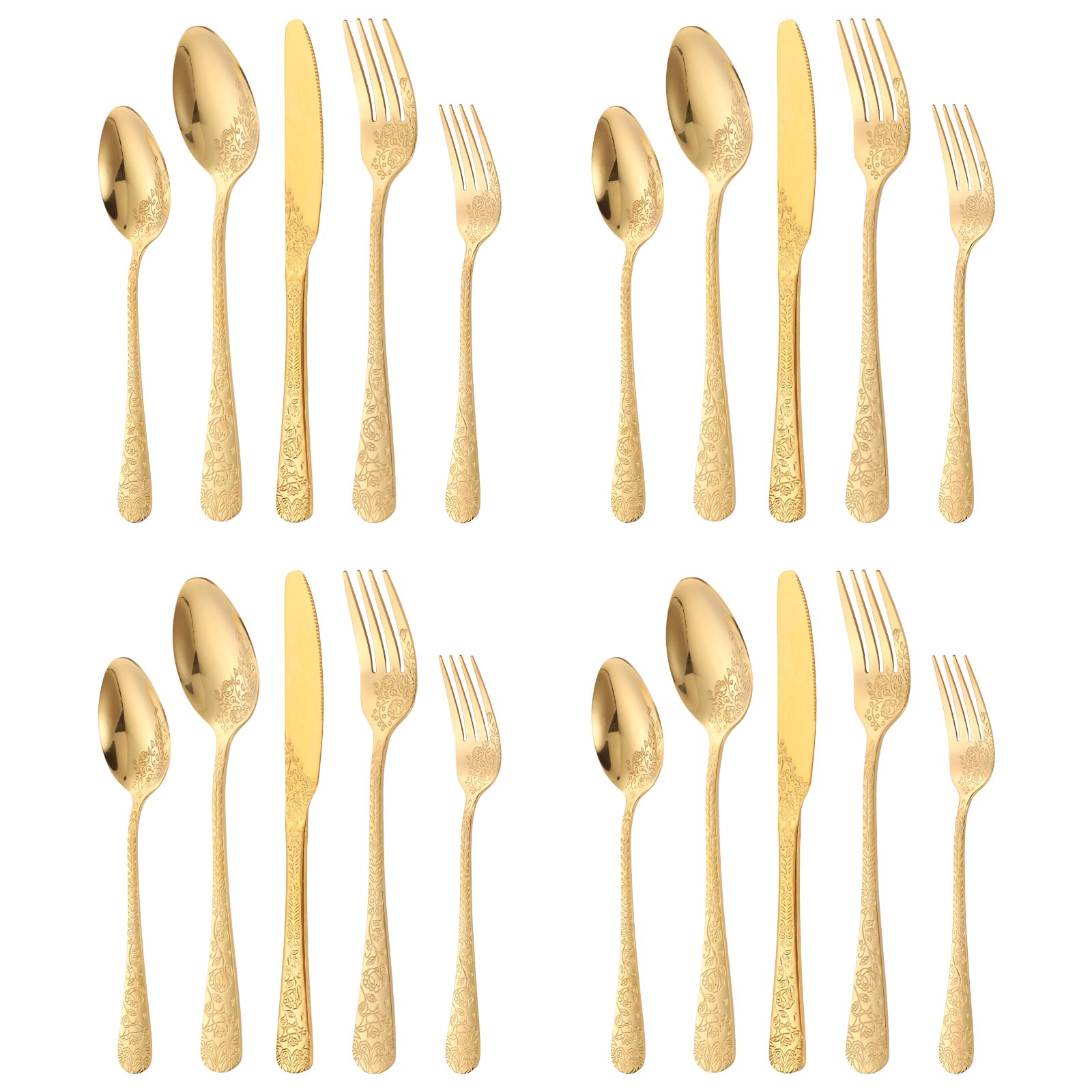 IUokLU 20 Pcs Floral Silverware Set Stainless Steel Cutlery Kit Including Fork Spoon and Knife Vintage Flatware Set for Kitchen Dishwasher Safe Service for 4 (Gold)