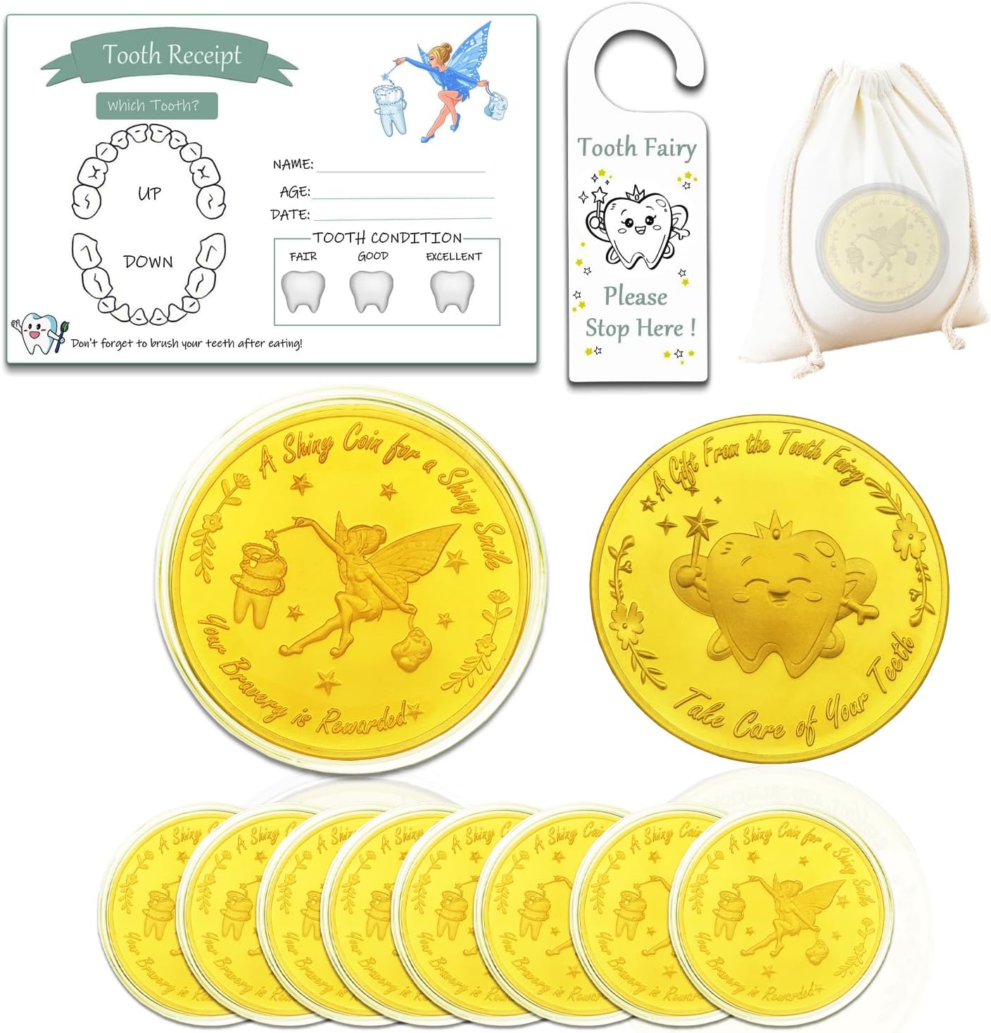 YUJUE Tooth Fairy Coins: 10 Golden Coins, 10 Certificates, 1 Door Hanging, Suitable for Kids, Unisex, Not Foldable