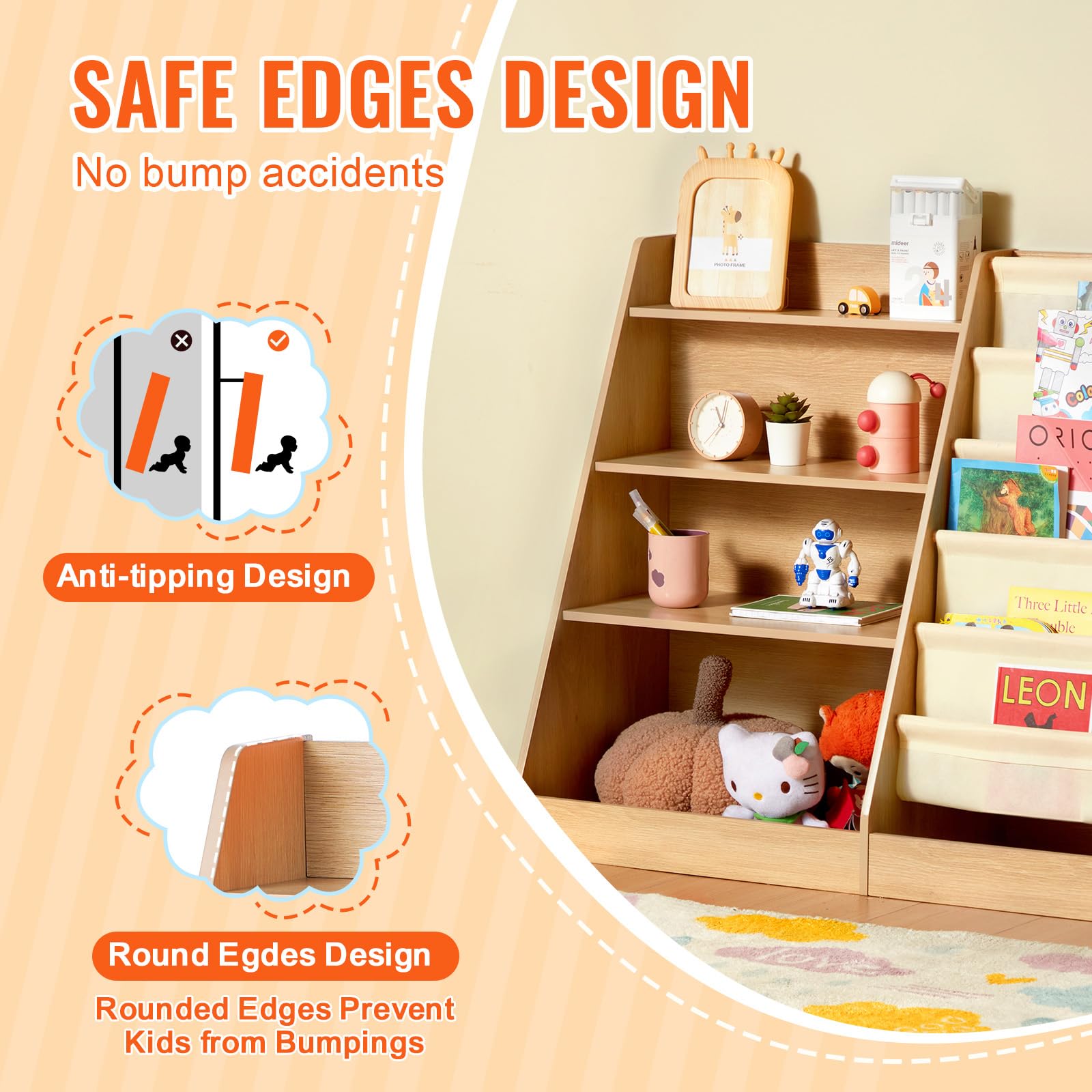 VEVOR Estantería de Madera para Niños de 4 Niveles Librería con Eslinga de Seis Capas Estantería para Libros para Almacenamiento Gabinete Organizador de Juguetes para Libros para Habitación de Niños