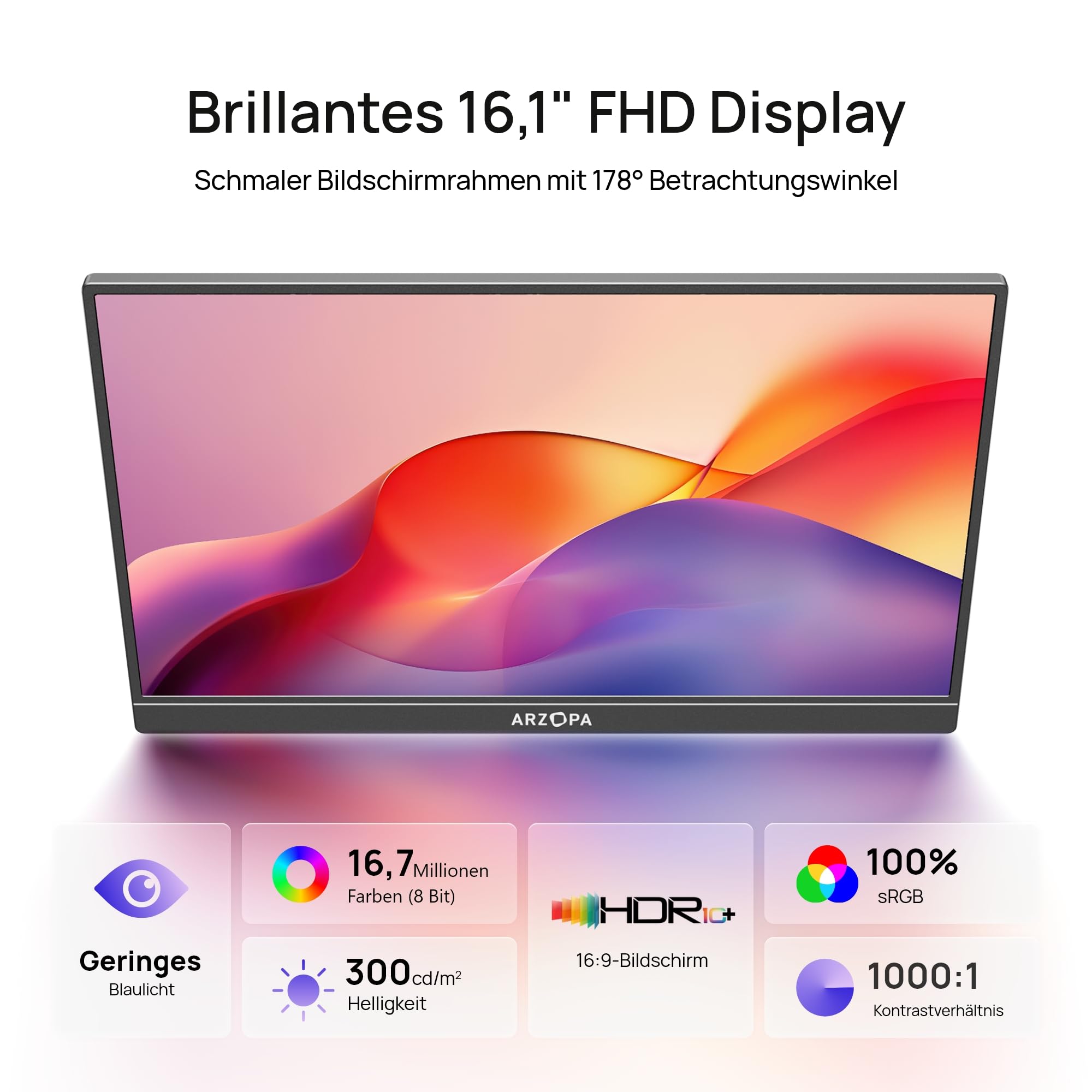 ARZOPA 16.1 Zoll Tragbarer Monitor FHD IPS 100% sRGB HDMI USB-C Gaming Bildschirm