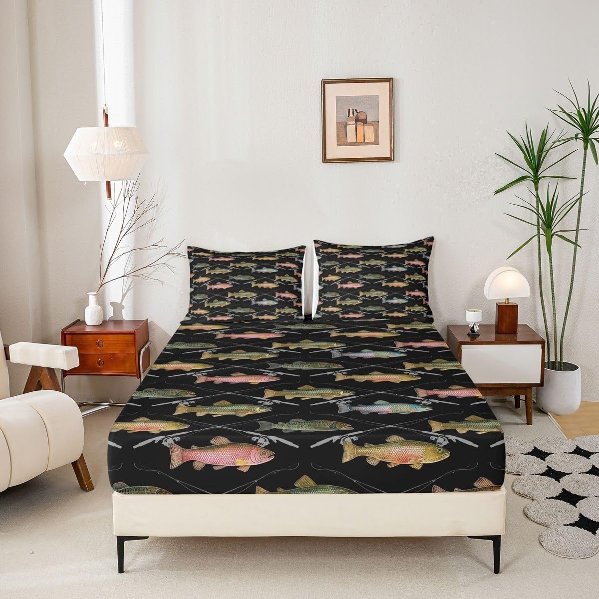 Marine Life Fitted Sheet Fish Bed Sheets Deep Pocket 12 inch (30 cm) Soft Cozy 3 Piece Microfibre Bed Sheet 200x200 cm with 2 Pillowcases 50x75 cm