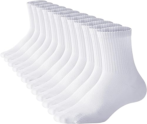Mottee&Zconia Mens Athletic Ankle Cotton White Crew Socks Reinforced Toes Terry 