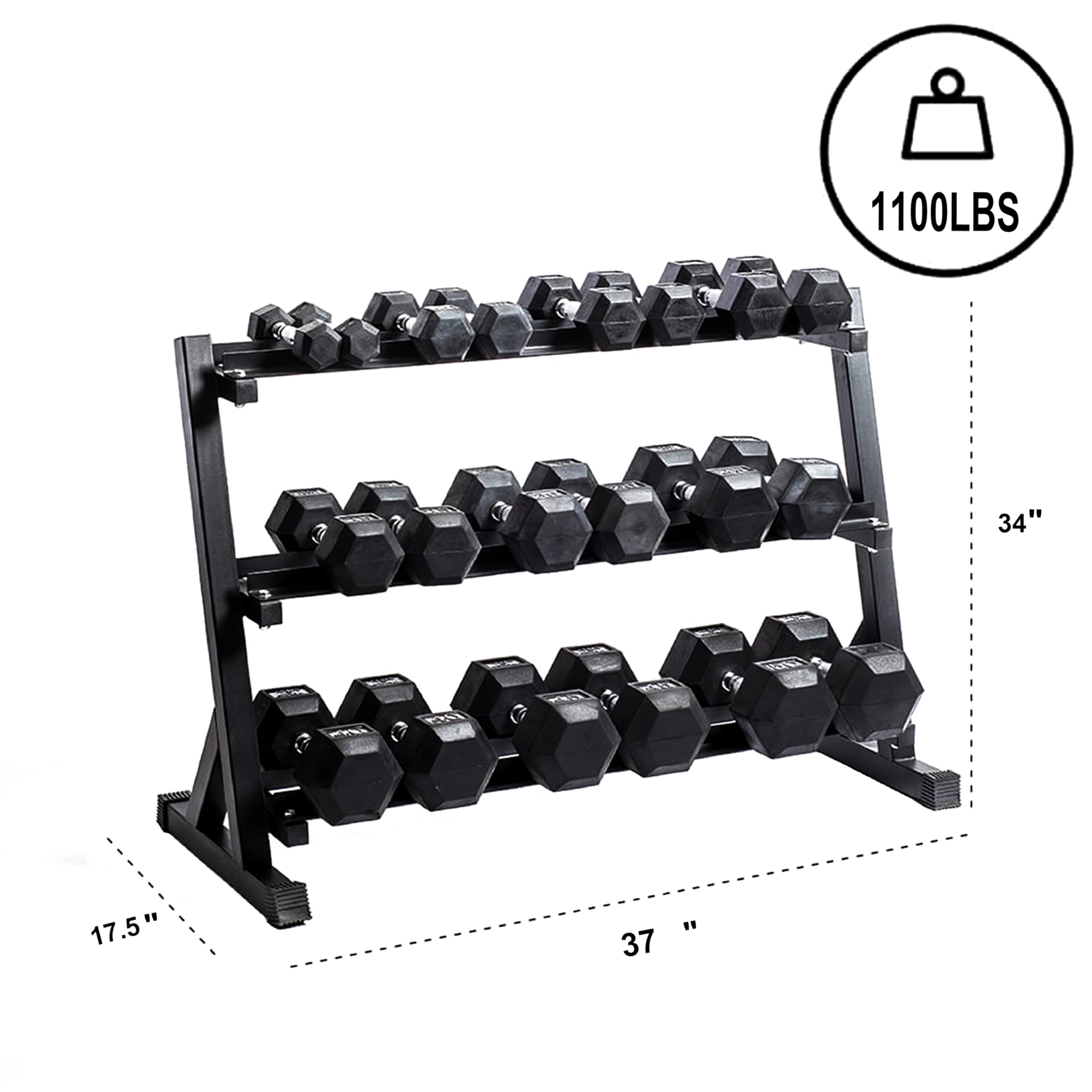 Dumbbell Rack Adjustable 3-Tier Weight Stand, 1100LB Capacity Heavy Duty Weight Storage Rack for Home Gym
