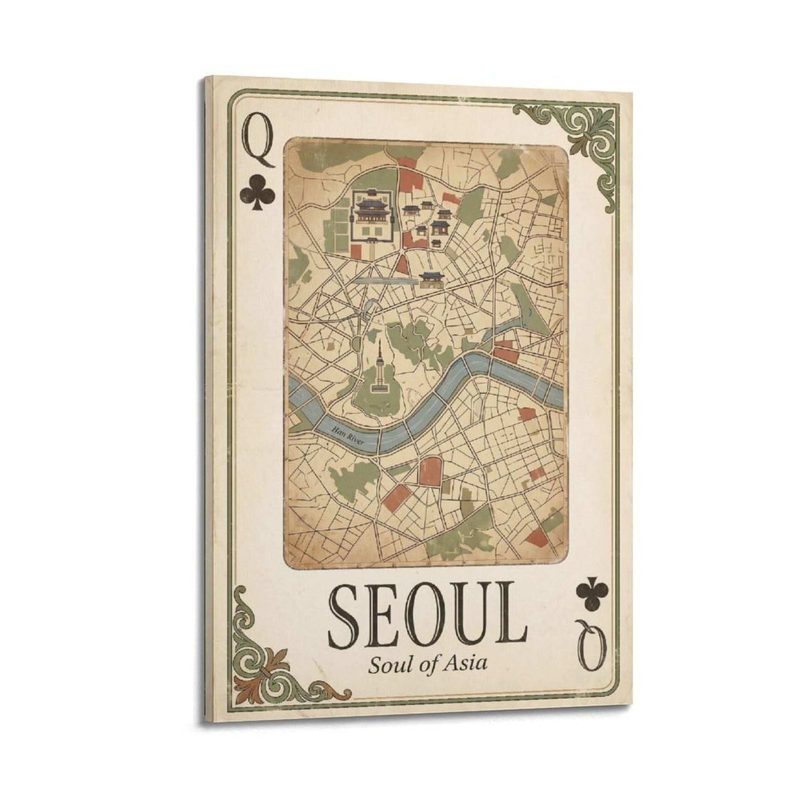 OKNGB Vintage City Map Poster Seoul Palace Korea City Playing Card Style Decorative Painting Canvas Art Picture 16x24inch(40x60cm)