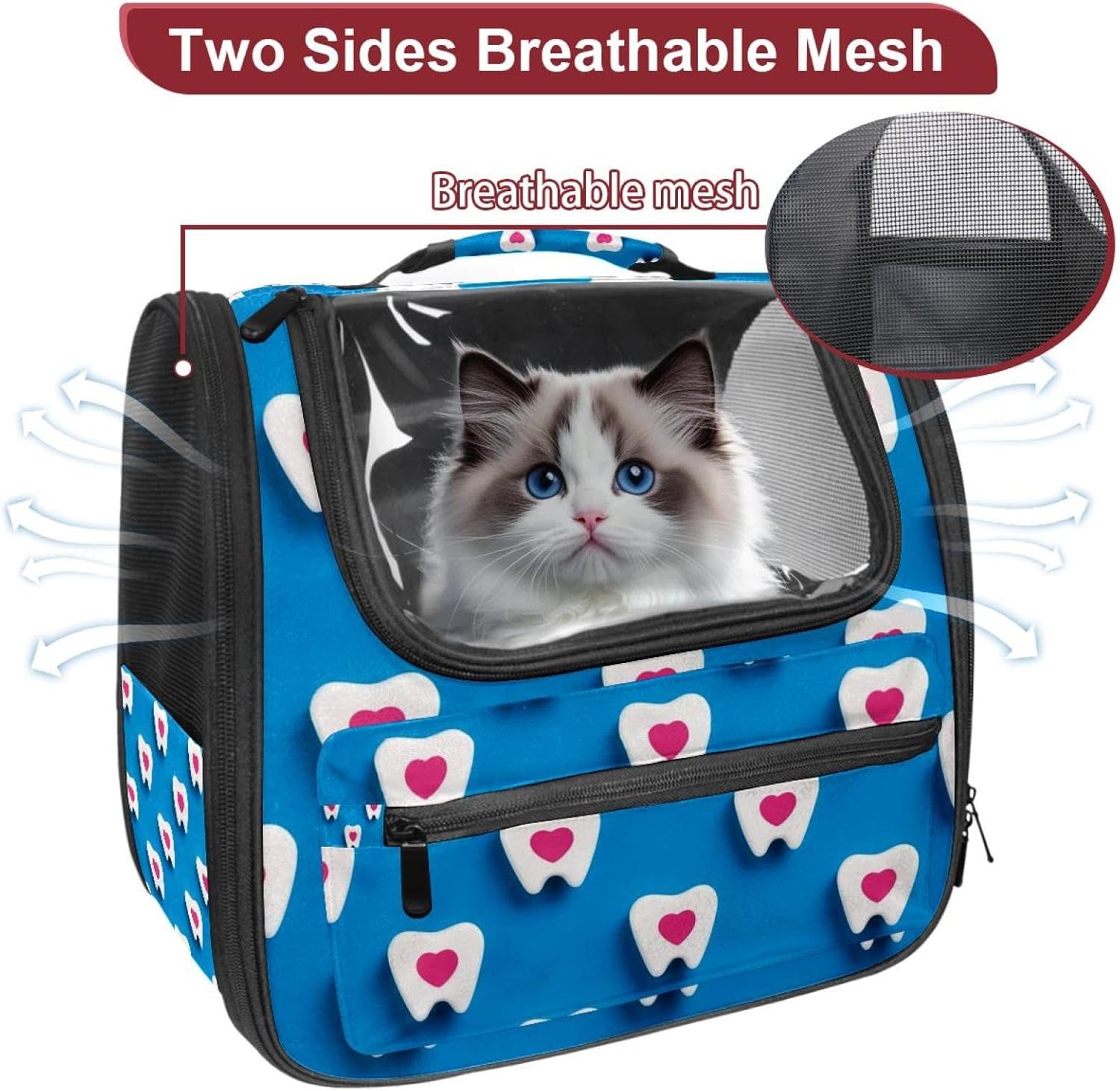 Portable Travel pet Backpack Carrier Hamster Bag Small Dog cat Carrier Breathable Hang Bag, Cartoon Teeth and Hearts