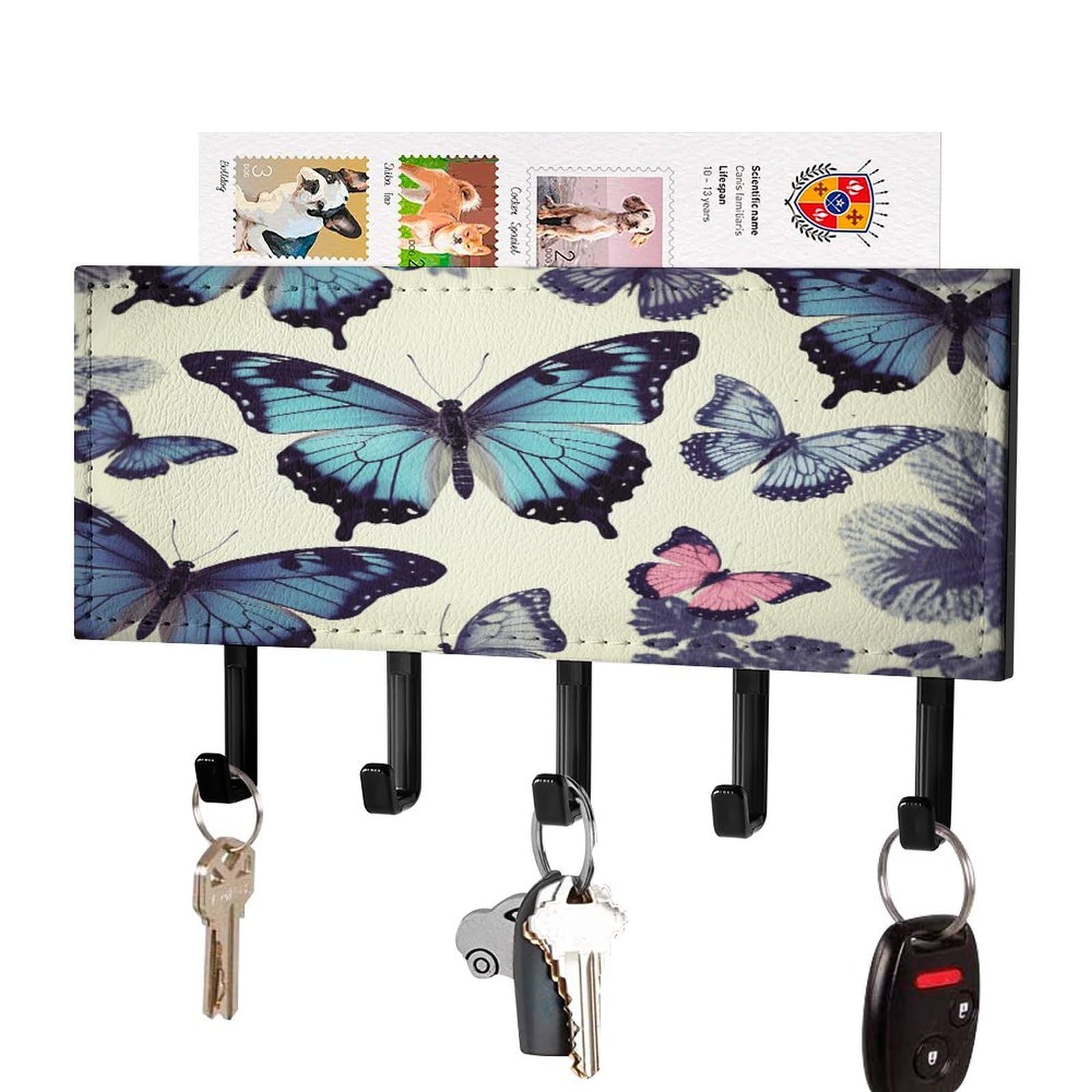 Estante de metal adhesivo para llaves con bandeja para cartas de mariposa decorativa