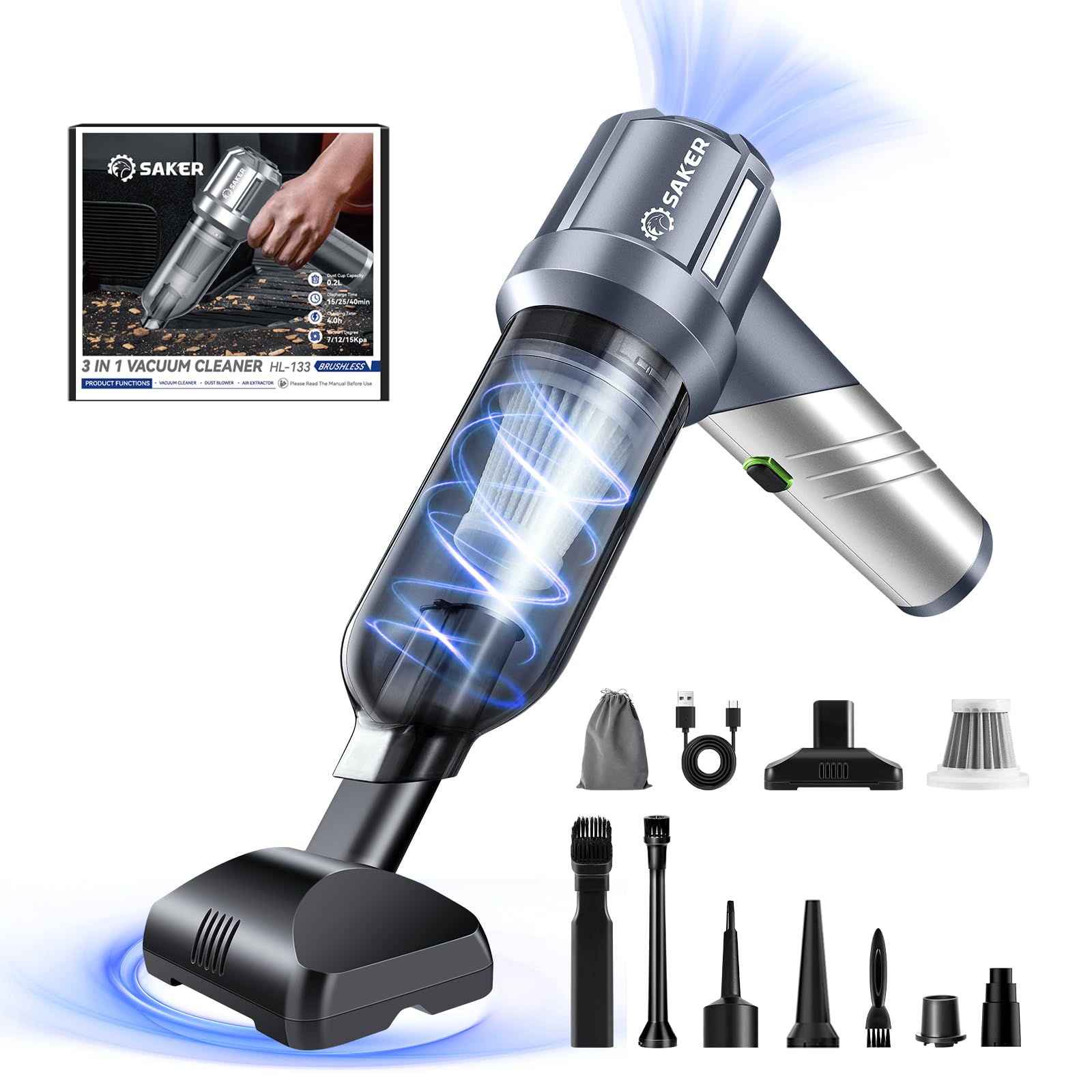 Saker Car Vacuum Portable Cordless, Foldable Mini Handheld Vacuum Cordless and Air Duster 17000PA High Power Vacuum Cleaners for Home,Cars,Office Cleaning HL133 Silver