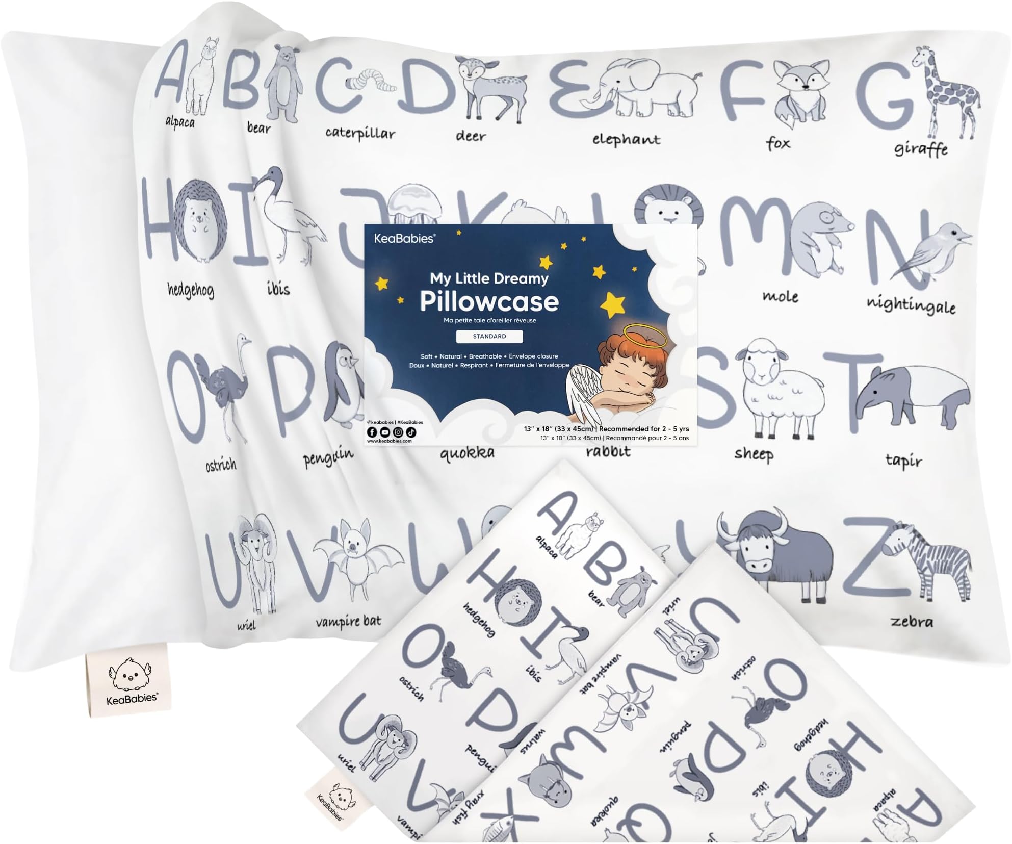 Toddler Pillowcase For 13X18 Pillow - Organic Toddler Pillow Case for Girl, Boy, Kids - 100% Natural Cotton Pillowcase For Miniature Sleepy Pillows - Toddler First Pillow - Machine Washable(Alphamals)