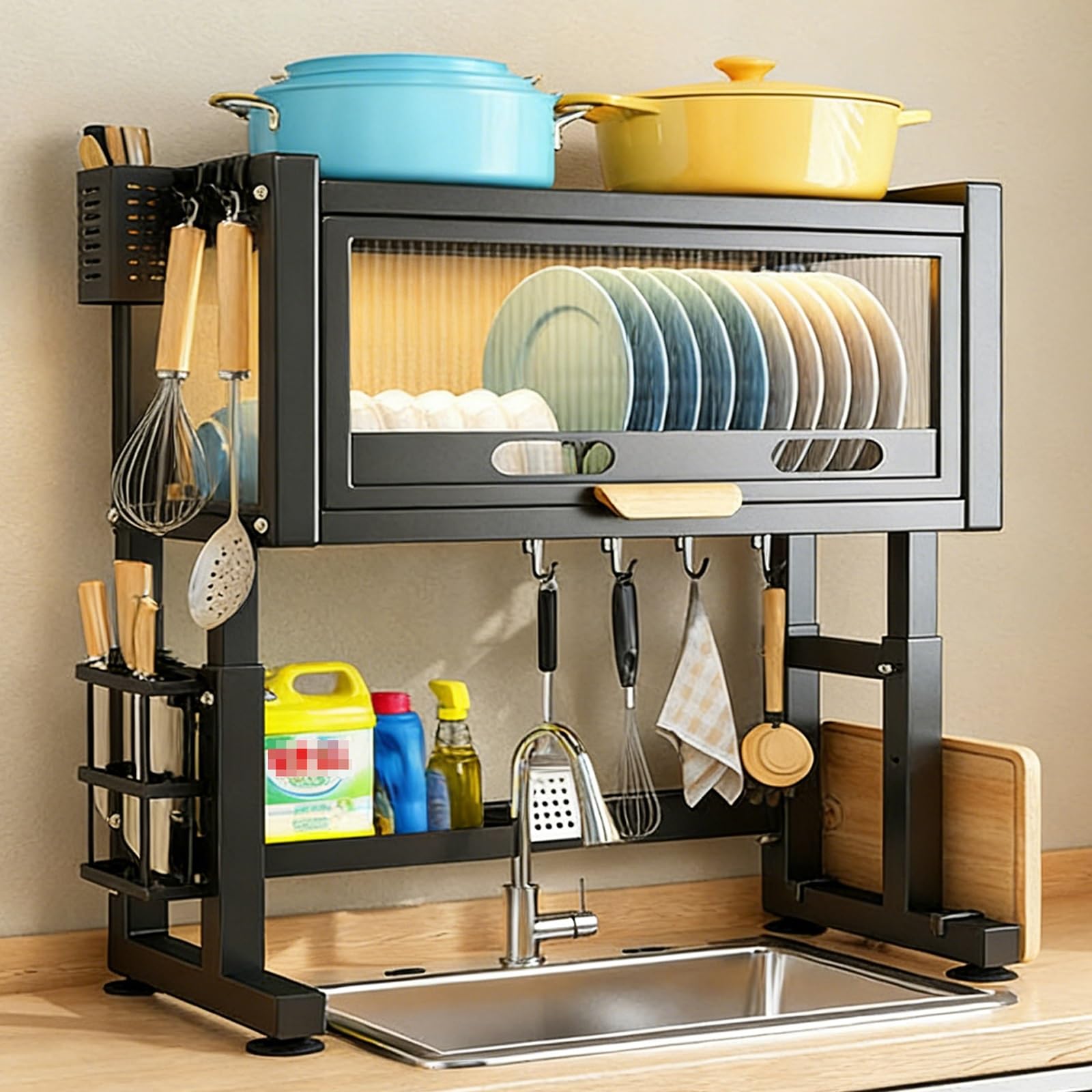 Over The Sink Dish Drying Drainer Rack, 2 Tier Kitchen Sink Dish Rack, Space-Saving Organized Shelf with Cover, Dustproof Cupboard Storage Drain Racks(Black,85cm/33.4in)