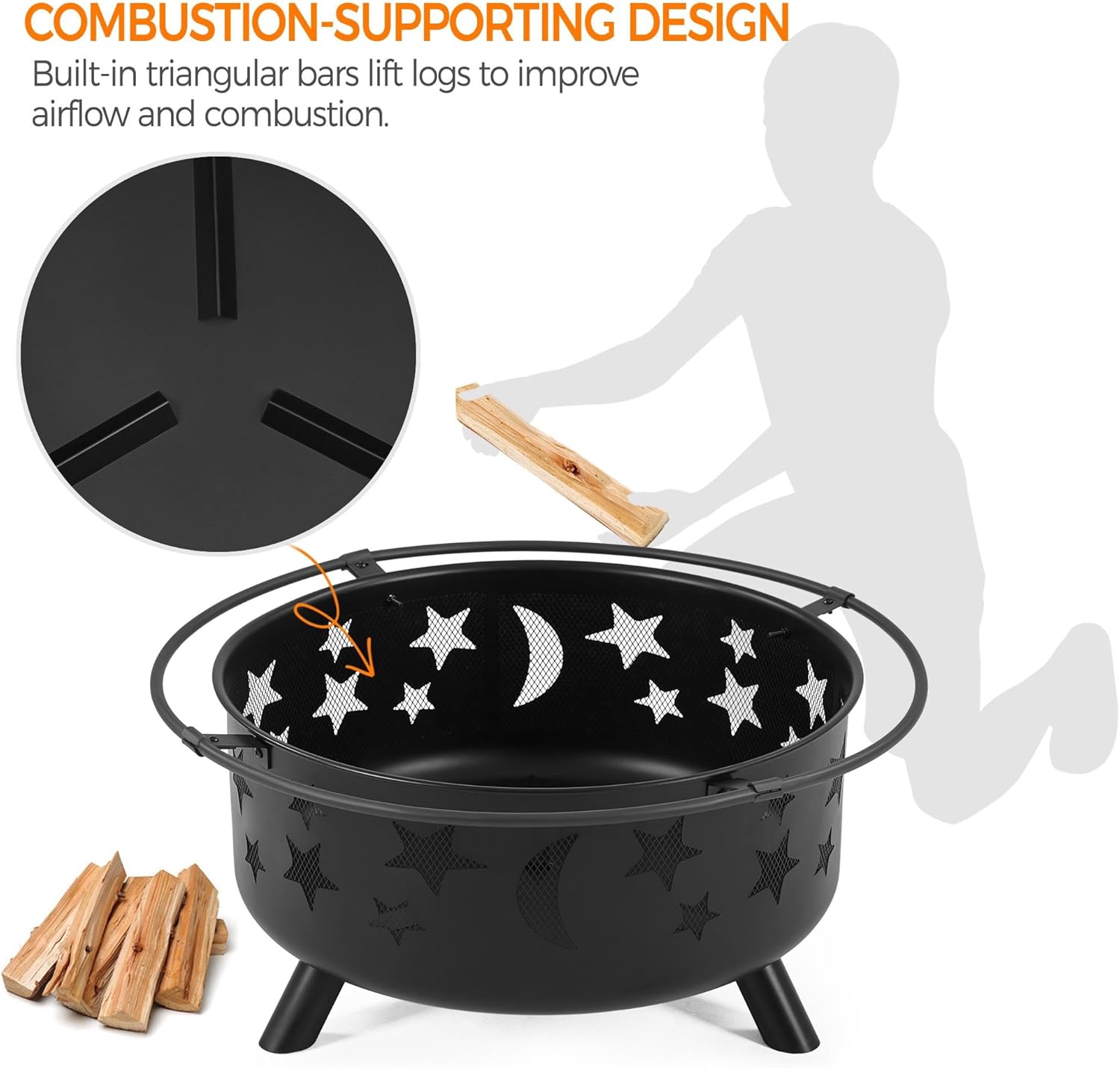 Yaheetech 30in Fire Pit Moons and Sky Stars Outdoor Fire Pit Fireplace Large Bonfire Wood Burning Firepit Bowl for Patio & Backyard with Spark Screen