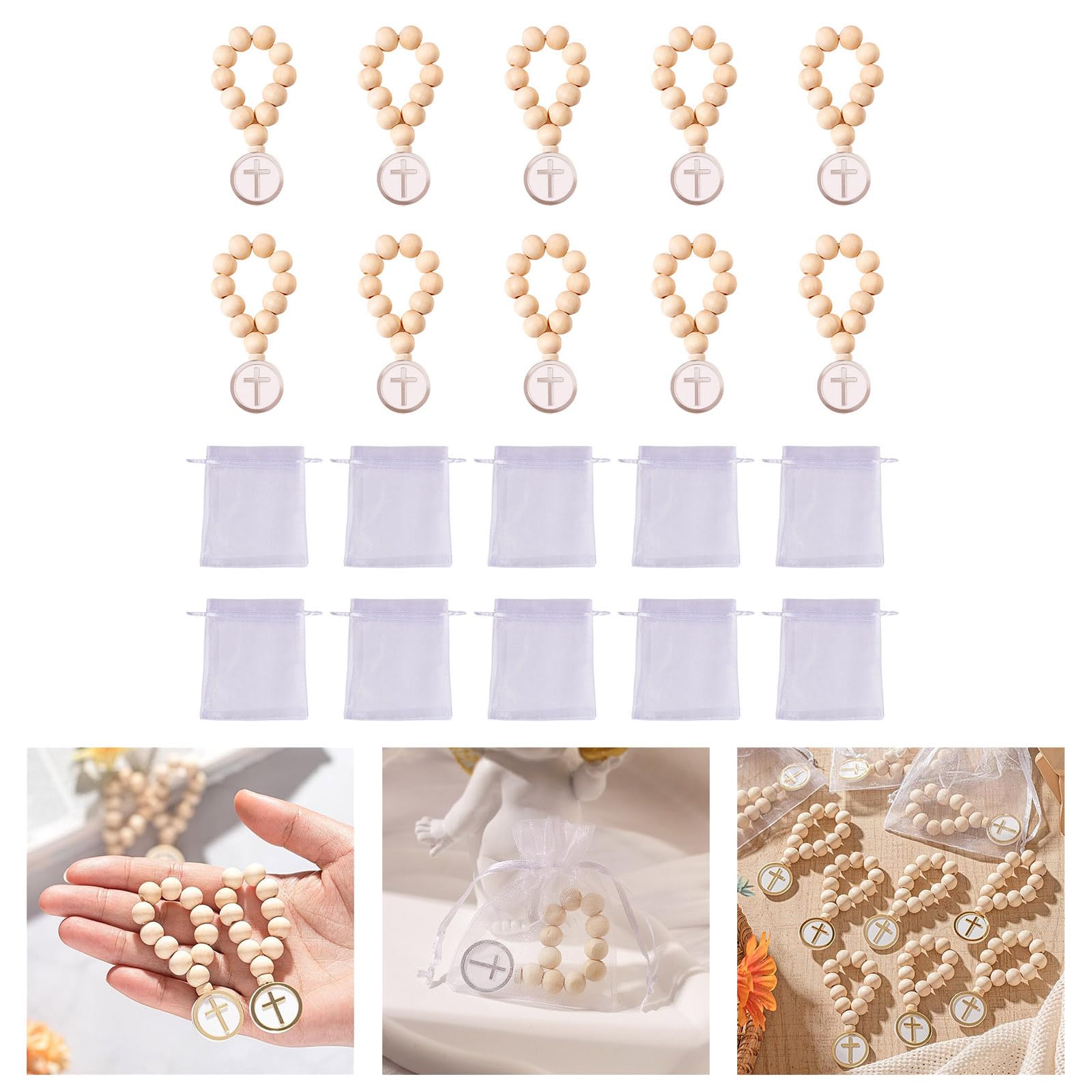 Rosario de cuentas de madera con crucifijo, rosario de primera comunión, con bolsas de organza, regalo de bautizo, unisex