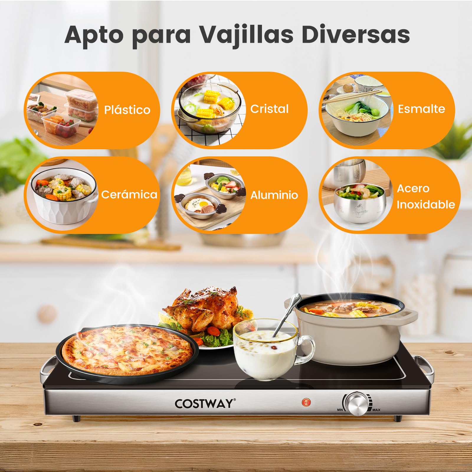 COSTWAY Calentador de Alimentos, Servidor de Buffet, Bandeja de Acero Inoxidable, Calentador de Comida con Tapa de Vidrio Resistente, Calentador de Platos, 300W, Temperatura Ajustable