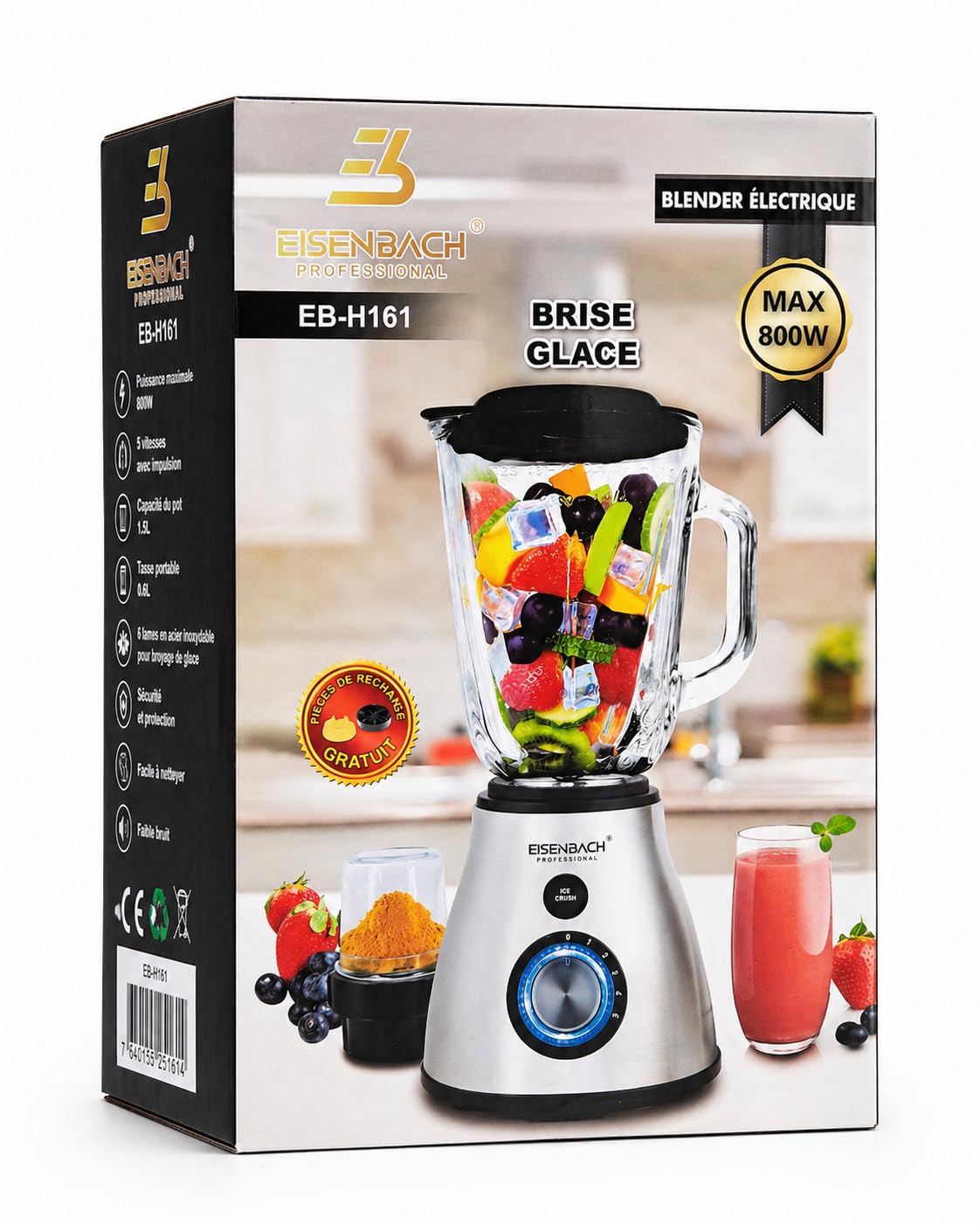 Licuadora Eléctrica Profesional 3 en 1 800W, Vaso de Vidrio 1.5L, Molinillo para Café y Especias, Botella Portátil 600 ml, 5 Velocidades + Función Ice Crush, 220-240V 50/60Hz