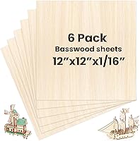 DIYDEC 6 Pack Basswood Sheets 12x12x1/16 Inch - Thin Unfinished Wood for Crafts, Laser Cutting, Models & Wood Burning