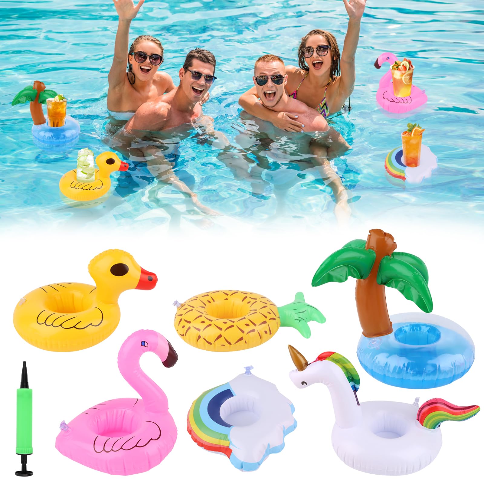 VFANDV Posavasos Piscina 6 Piezas, Portabebidas Piscina con Bomba Soporte Inflable para Bebidas Soporte Flotante de Baño Posavasos para Bebidas Juguetes para Piscina para Fiestas Vacaciones Baño