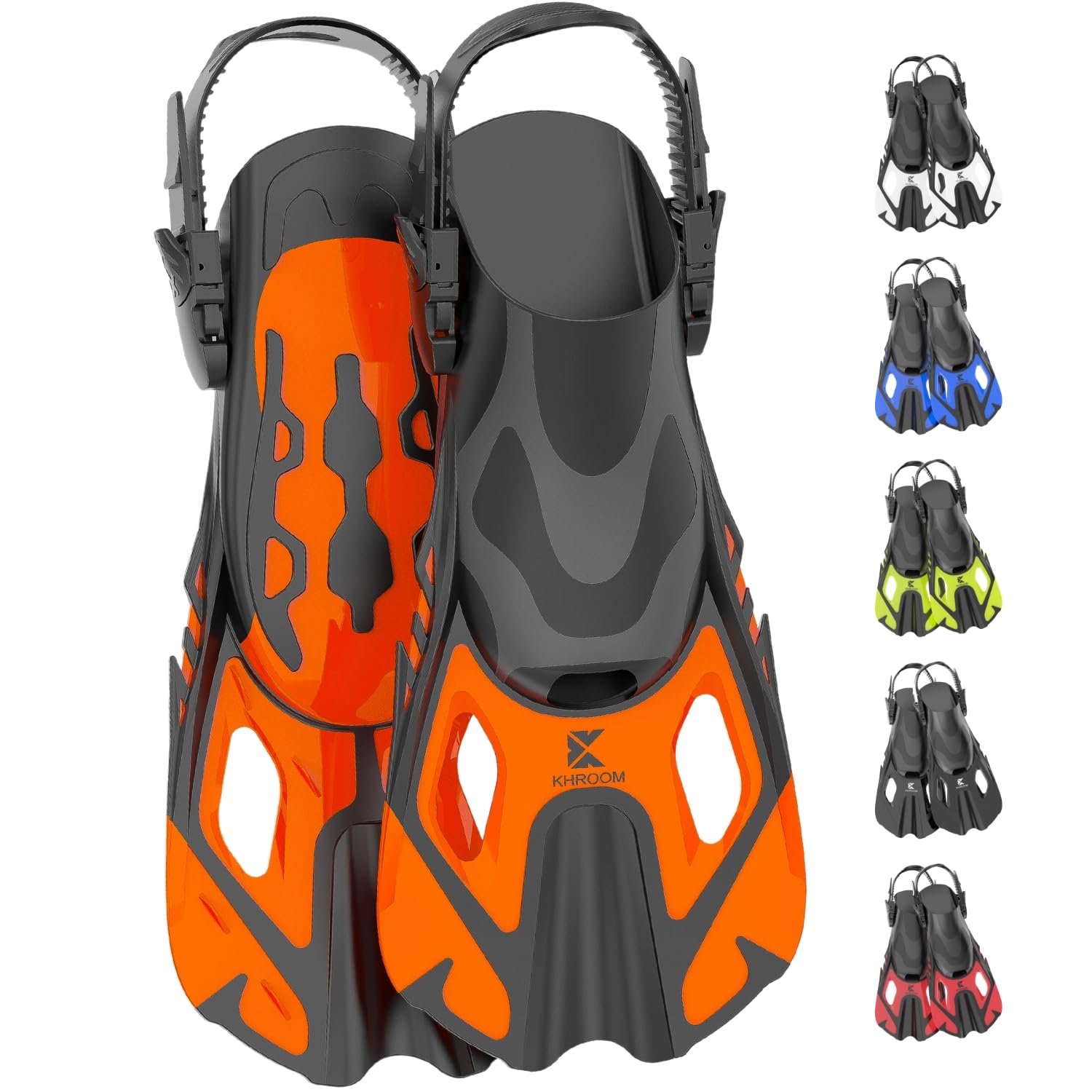 Khroom Schnorchelflossen verstellbar Flossen Erwachsene & Kinder | Kurze Taucherflossen & Flippers zum Schnorcheln Schwimmen Tauchen | leichte Schwimmflossen für Urlaub & Pool (Orange 32-36)