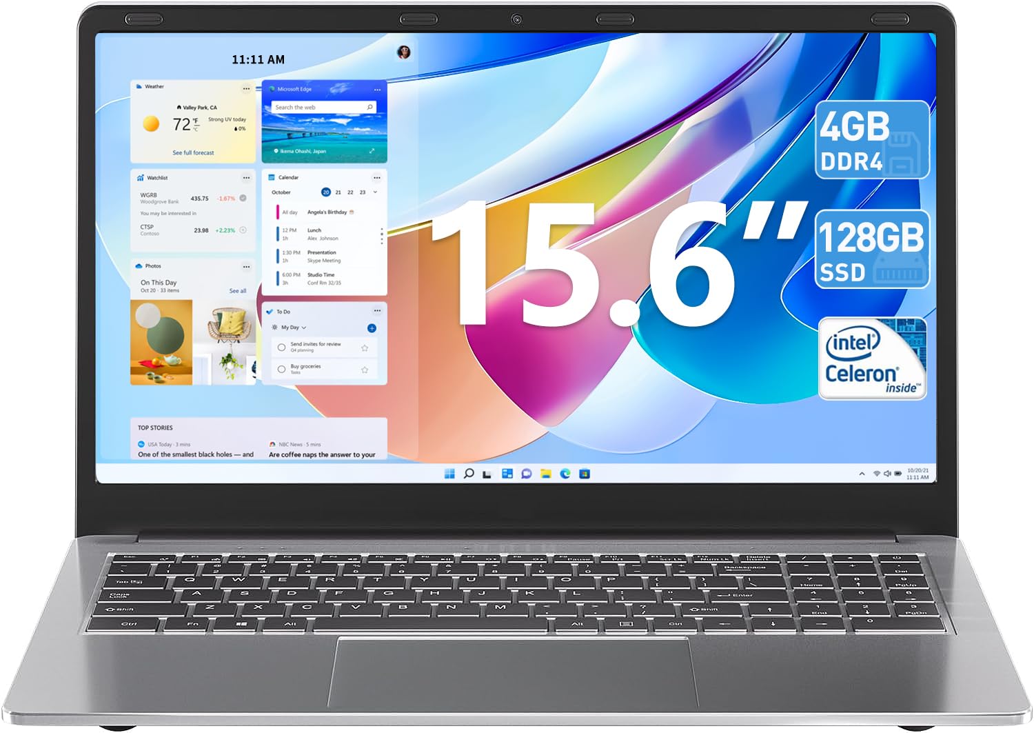 15.6 Inch Laptops, Laptop Computer with 4GB RAM 128GB SSD, Expandable 1TB, Celeron Quad-Core Processor(Up to 2.6GHz), 5G WiFi, Type-C, Mini HDMI, Webcam, USB 3.2(Silver)