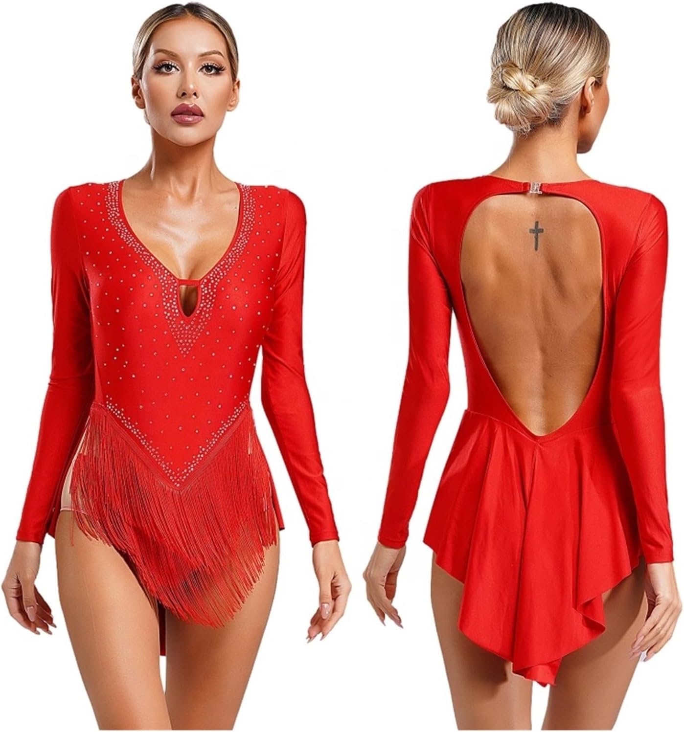 Womens Latin Dance Performance Costumes Leotard Bodysuit Dancewear for Cha-Cha Tango Samba Dance Party
