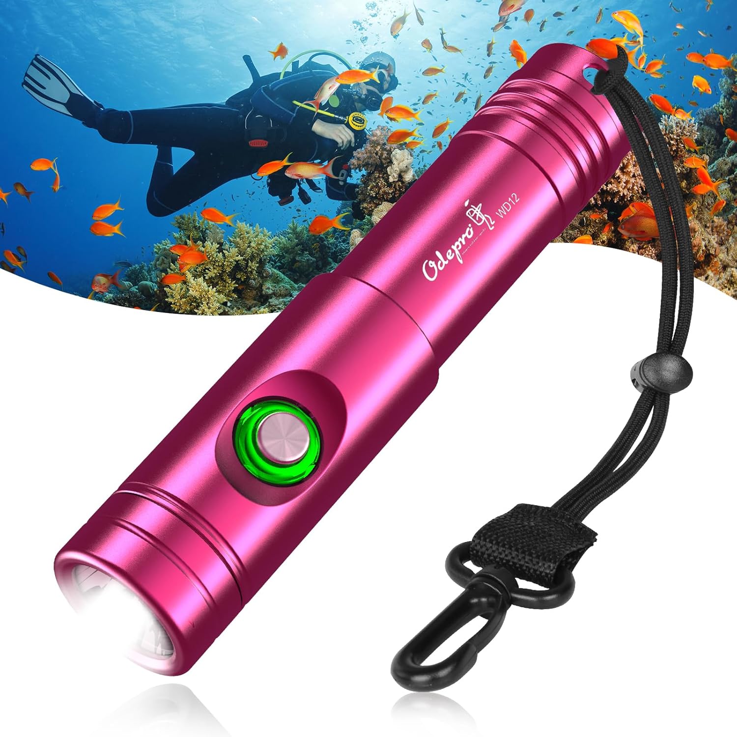 WD12 Dive Light - 1400 Lumens Compact Scuba Diving Backup Light with 3 Modes, IP68 Waterproof Submersible Torch, Underwater Snorkeling Flashlight with Push Button
