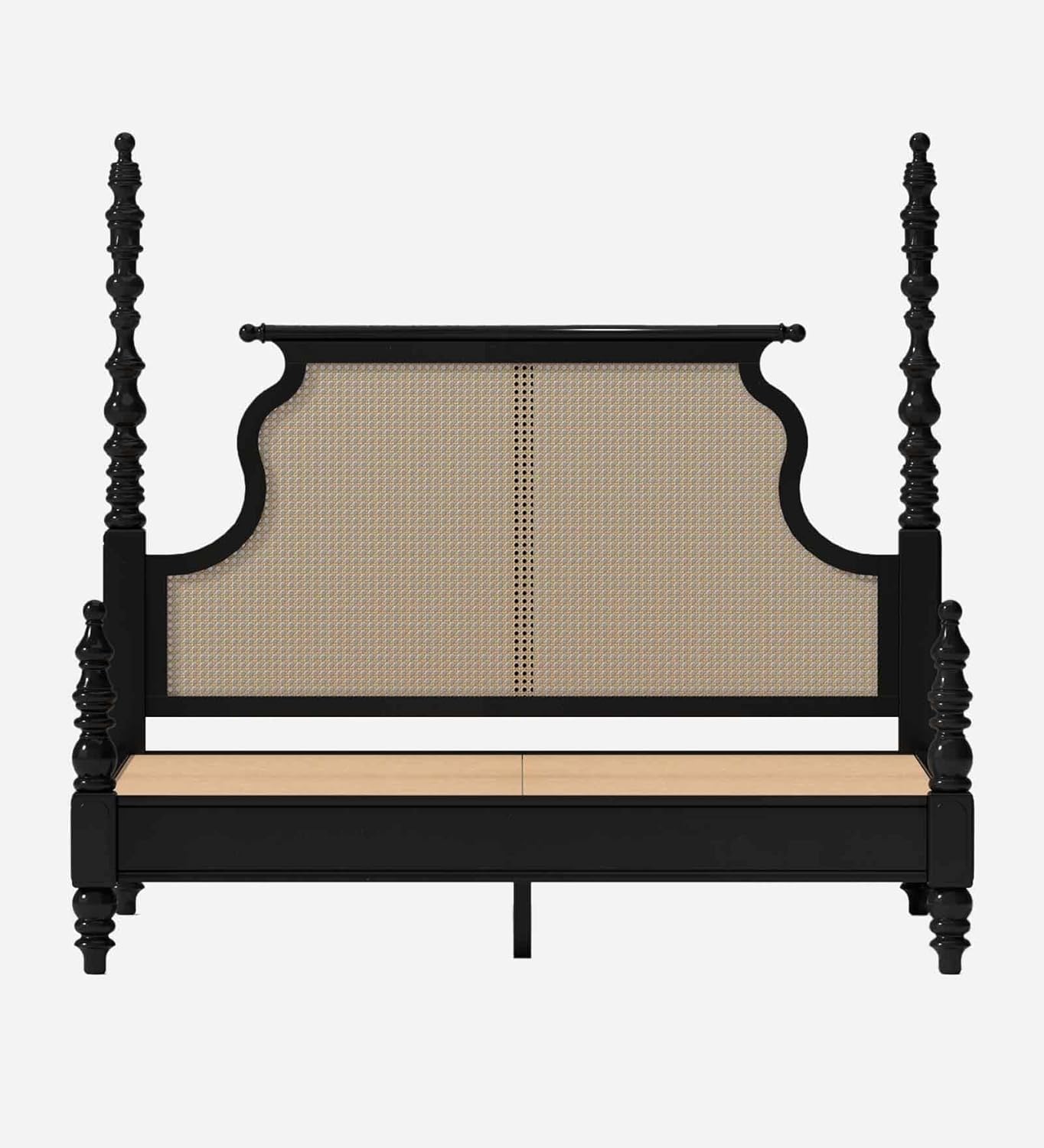 Solid Wood King Size Poster Honeymoon Bed Without Storage | 4 Poster Bed | Hand Carved Designer Pillars | Cane Weave Headboard | Couple Bedroom Furniture | Black Finish-image-3