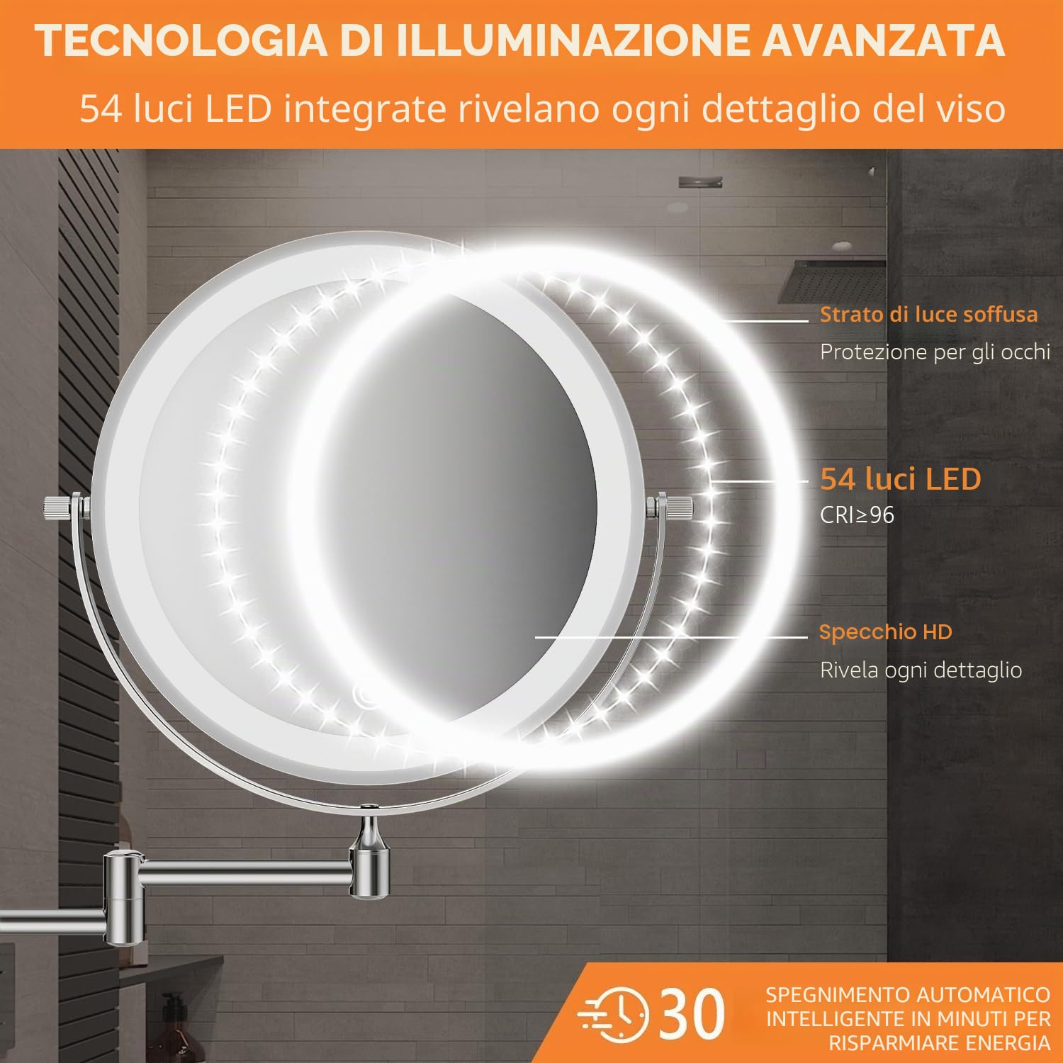 Auxmir Specchio Trucco con Ingrandimento 30X/1X, Specchio da Parete a 54 LED 3 Colori di Luce, Specchio Estensibile, Rotazione a 360°, Alimentato da Batterie Ricaricabile 3200mAh, per Bagno Hotel Spa