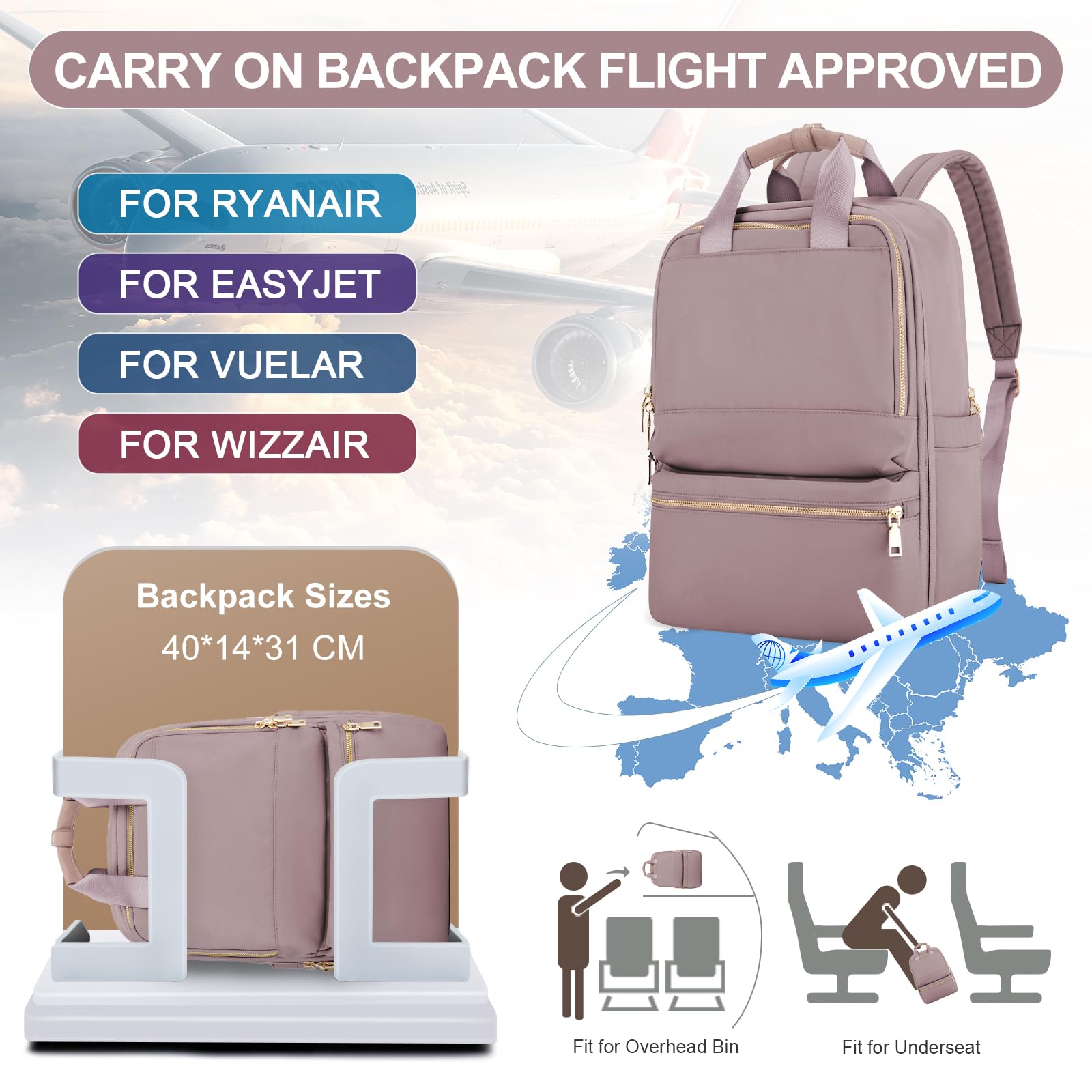 UPPACK Zaino Ryanair 40x20x25 Zaino Da Viaggio aereo Bagaglio a Mano Donna Zaino Borse da Cabina Borsa da Viaggio aereo Zaino per PC Impermeabile Casual Daypack