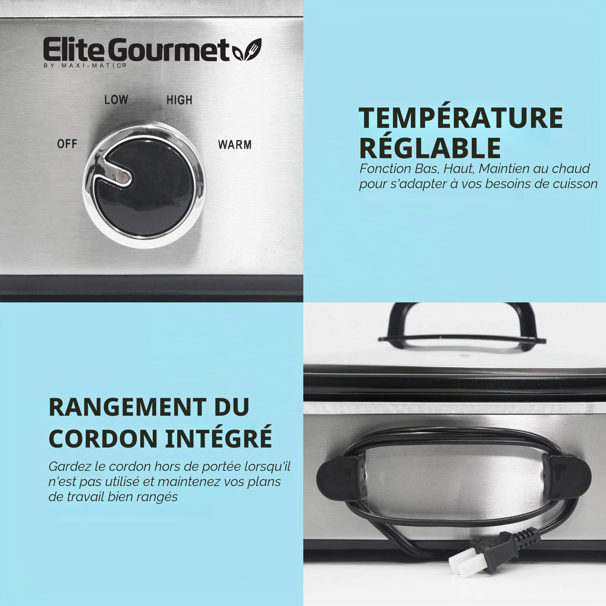Elite Gourmet MST-5240SS Mijoteuse avec couvercle verrouillable, température réglable, fonction de maintien de la chaleur, passe au four et au lave-vaisselle, contenance 3,3 L, acier inoxydable