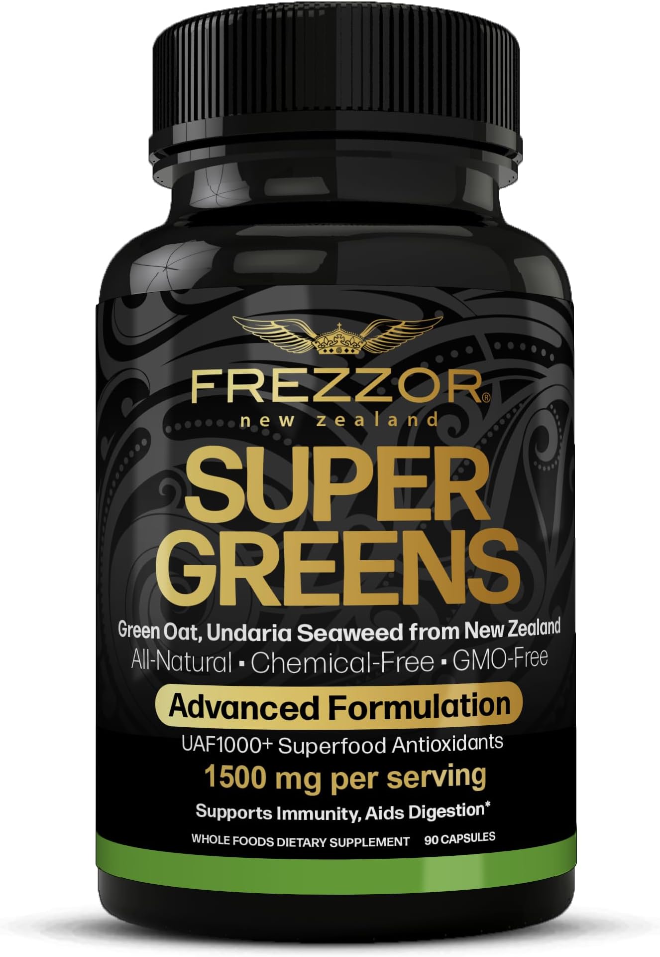 FREZZOR Super Greens Capsules with UAF1000+, Fruit and Veggie Supplement, New Zealand Green Superfood Energy, Essential Veggies, Antioxidants, Enzymes, Detox & Cleanse, 90 Capsules, 1 Pack