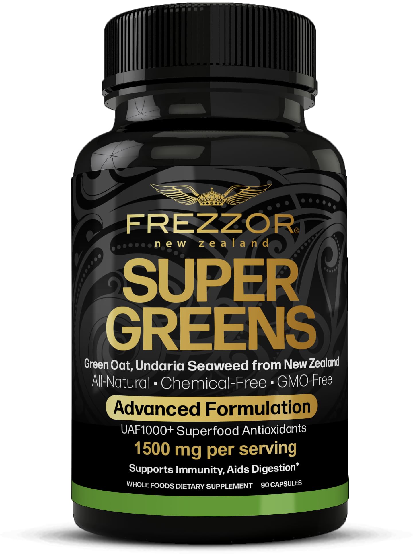 FREZZOR Super Greens Capsules with UAF1000+, Fruit and Veggie Supplement, New Zealand Green Superfood Energy, Essential Veggies, Antioxidants, Enzymes, Detox & Cleanse, 90 Capsules, 1 Pack