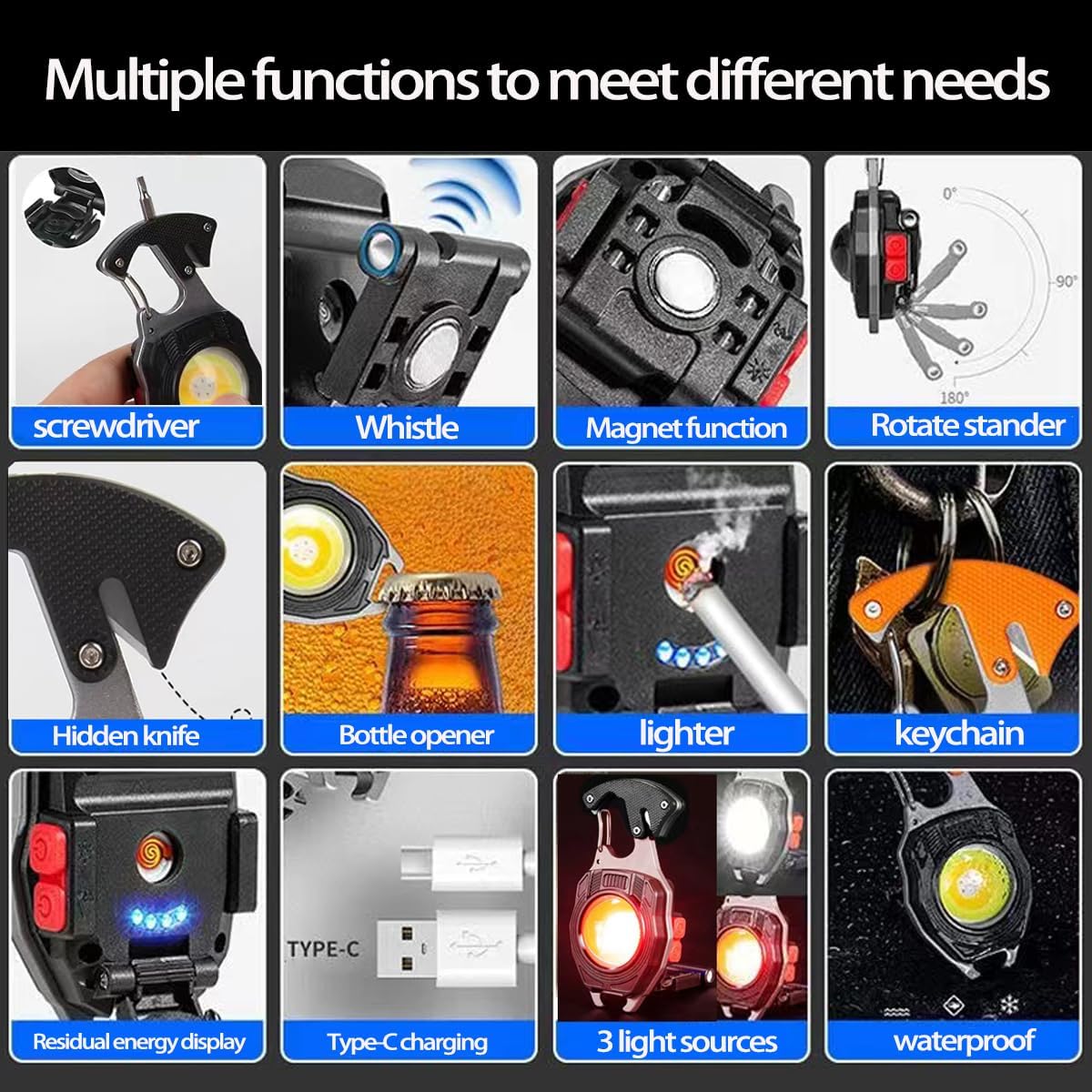 COB Keychain Work Gentle Keychain Flashlights 7 Gentle Modes 1600Lumen,Moveable USB Rechargeable cob Work Gentle Emergency Gentle with Folding Bracket Bottle Opener and Magnet Base,Tenting (Orange)