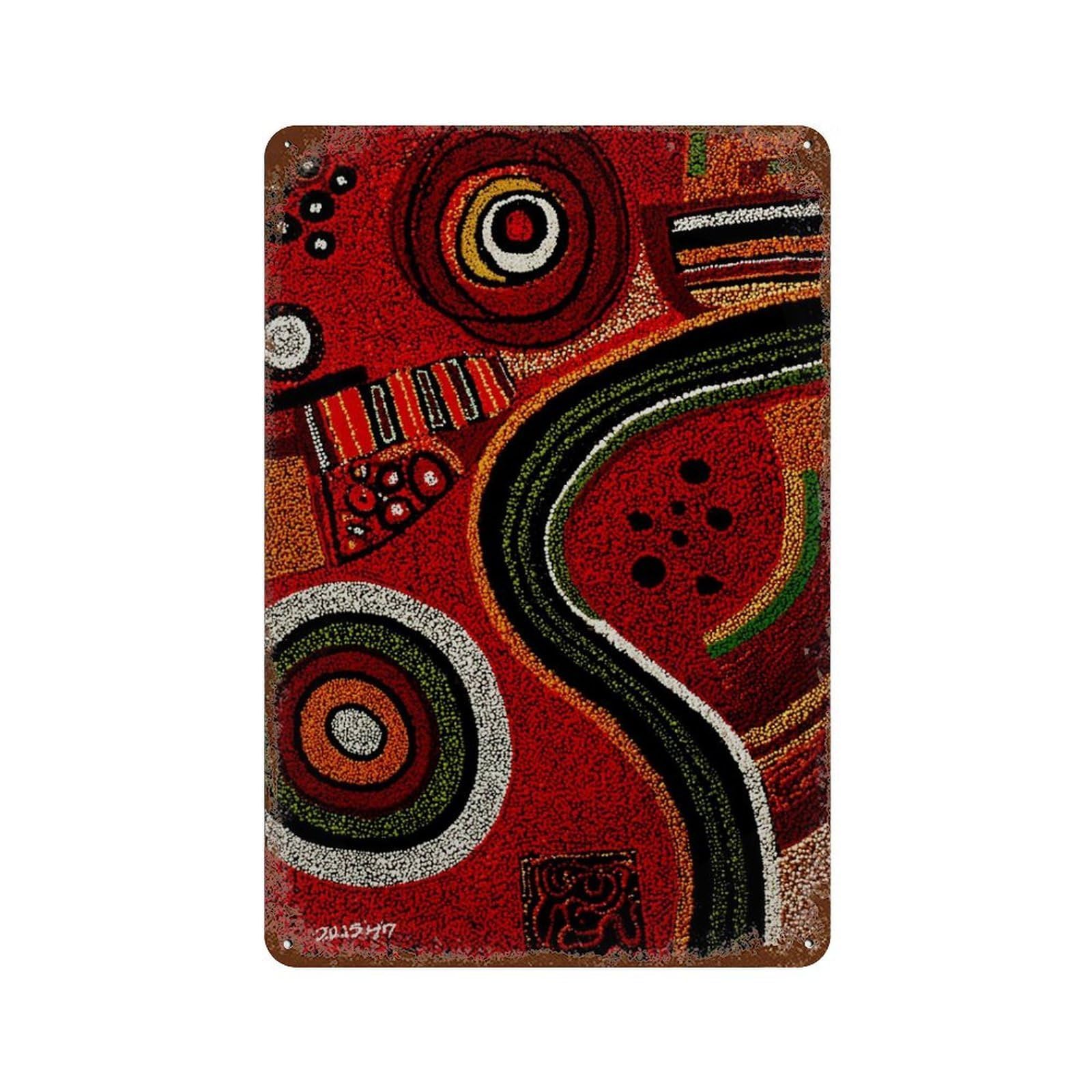 xiaoxiaoshen Aboriginal Dot Painting Vibrant Red Eh Indigenous Style Circular Abstract Patter Wall Decor Art Metal Tin Poster Modern Home Decor Art Home Bar Shop Decorations Vintage Sign 30x20cm