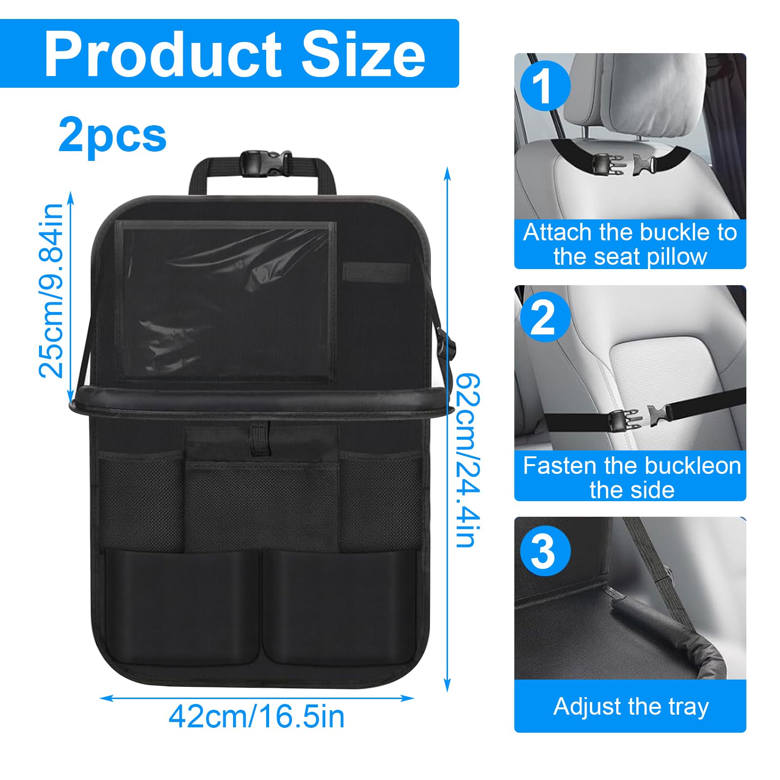 2 Pièce Protections Dossier de Siège voiture, Protege Siege Car Enfant, Organisateur voiture Enfant, Imperméabl Rangement avec Plateau de voyage et Poche Transparente, Noir