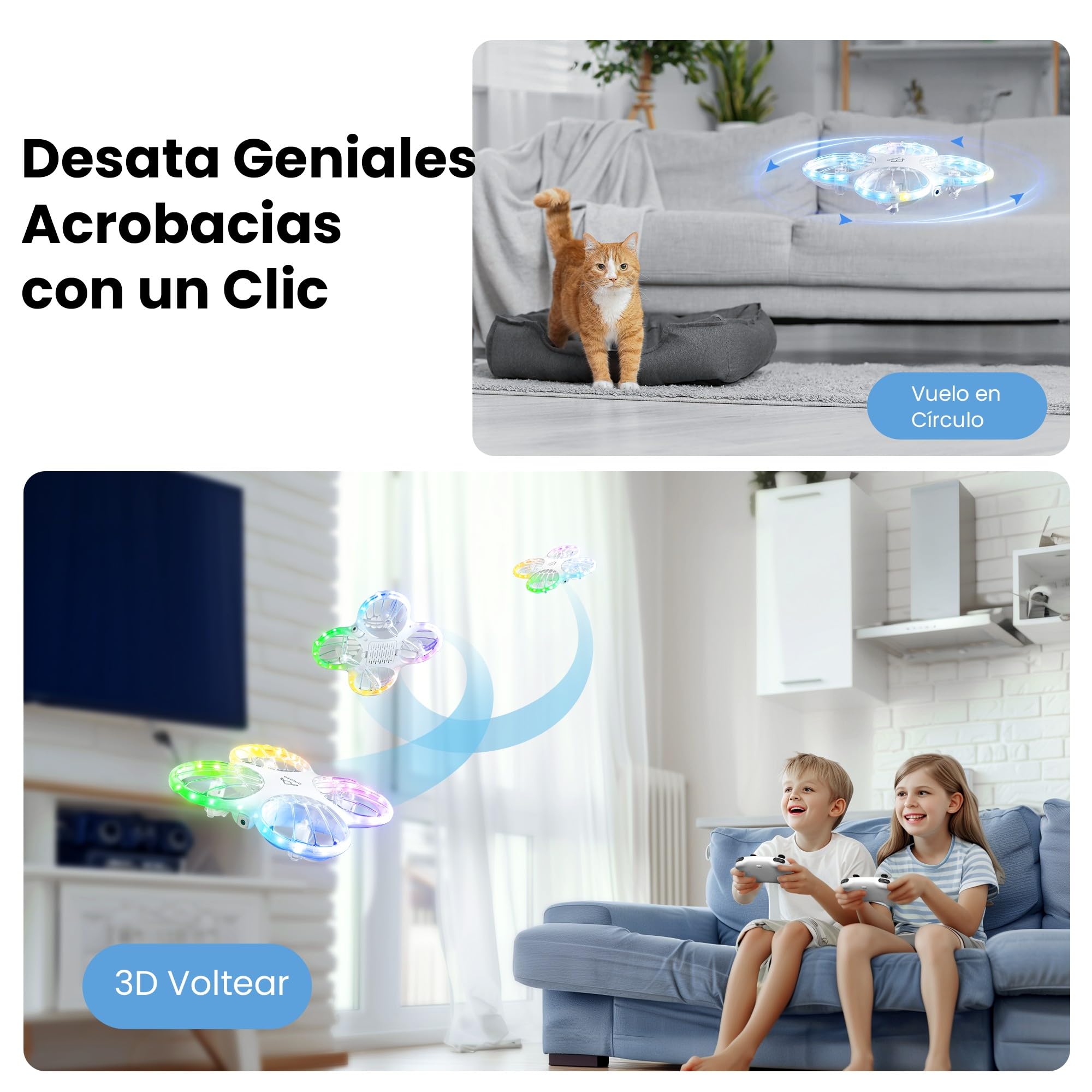 Ameta Morpho Dron para Niños con Camara 1080P, Mini Drone FPV con 32 Luces RGB/Vuelo en Círculo/ 3D Voltear/ 18min de Vuelo/Timbre Perdido, Juguetes Regalo para Niños Niñas, Menos de 250g